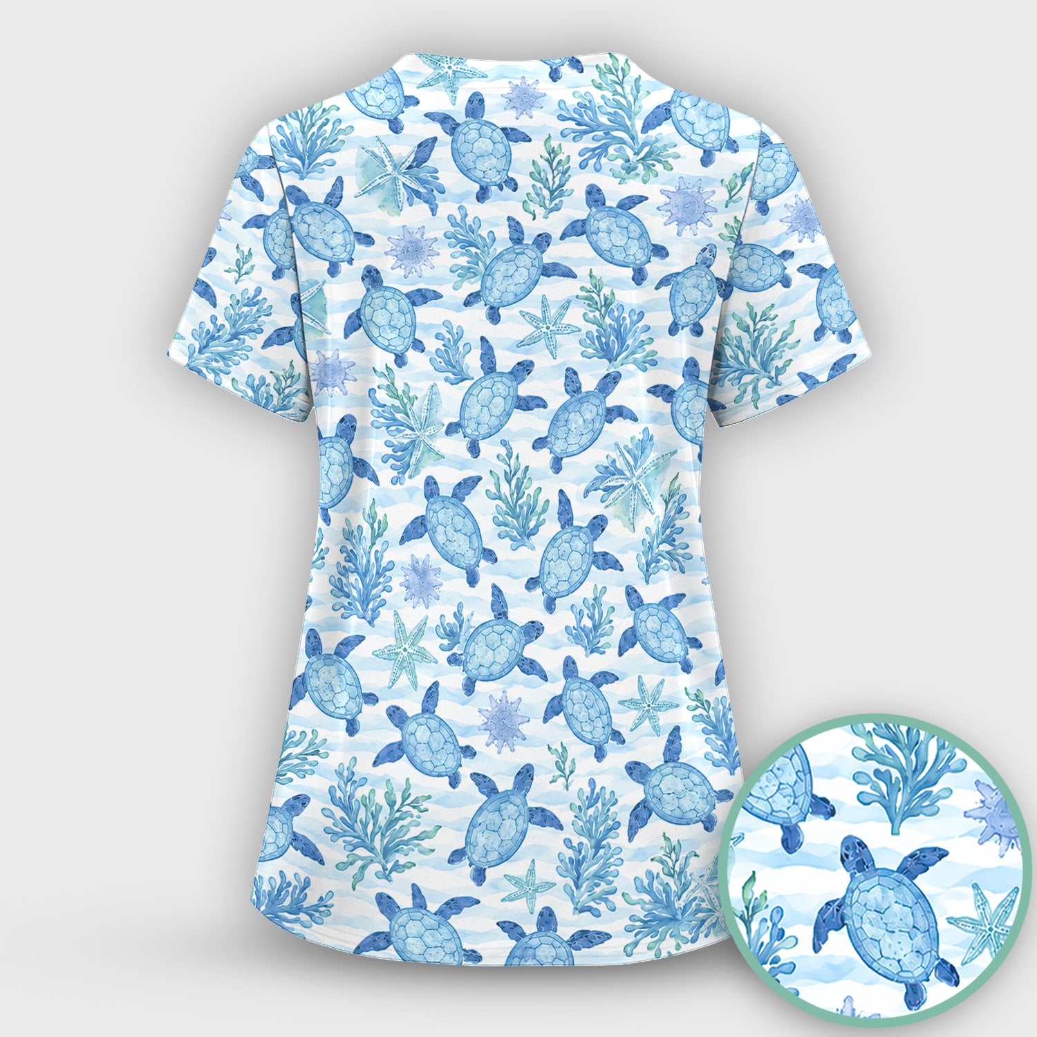 Cute Coastal Sea Turtle Coral Pattern Scrub Top, Comfortable Scrubs for Nurses