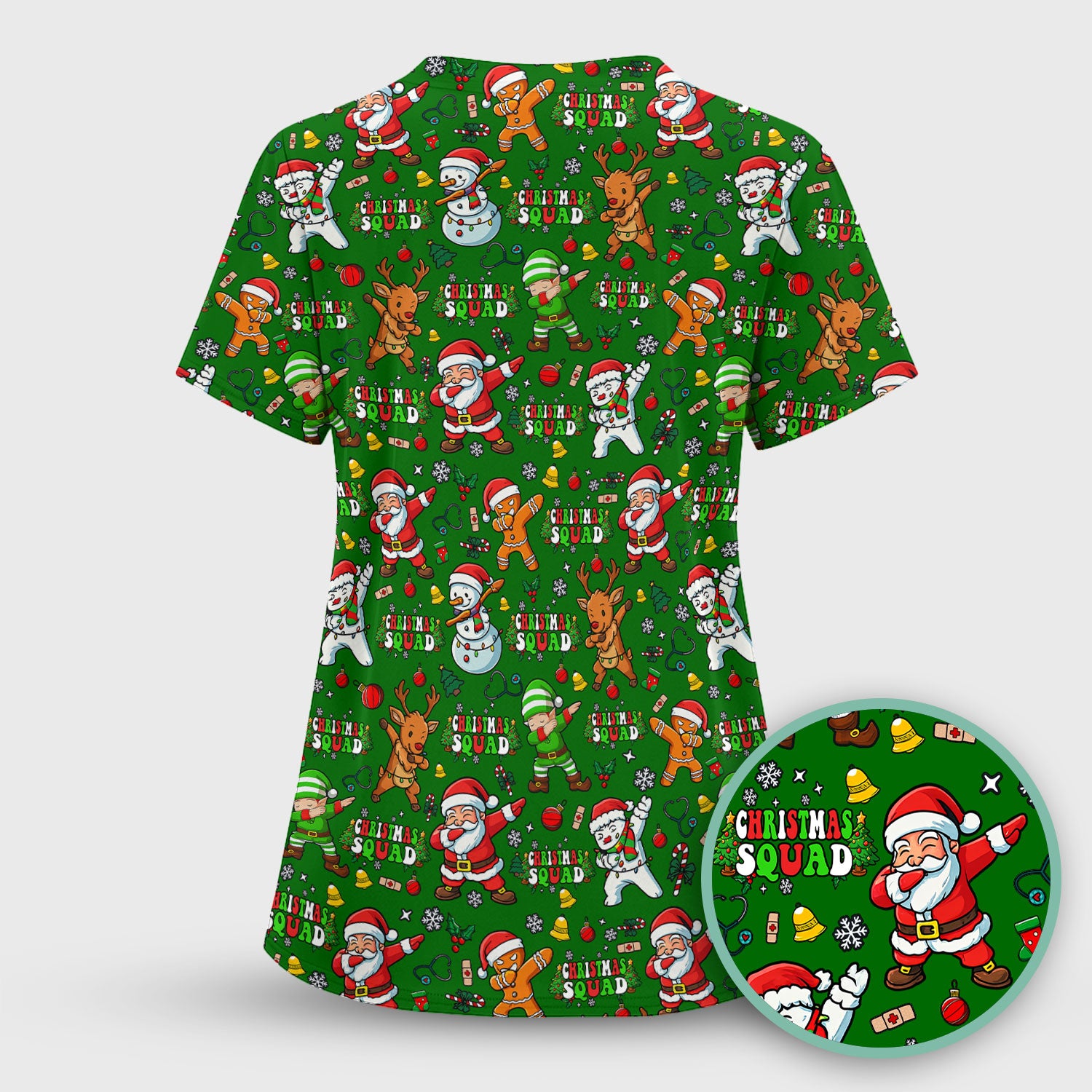 Christmas Squad Scrub Top - Dancing Santa, Reindeer & Elf Shirt - Funny Holiday Medical Uniform for Nurses, Doctors & Vet Techs