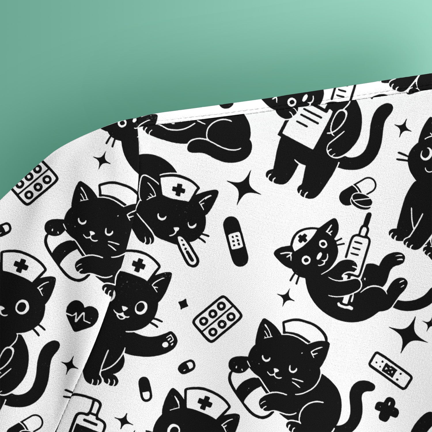 Cute Black Cat Nurse Pattern Scrub Top, Breathable Fabrics Nursing Uniform