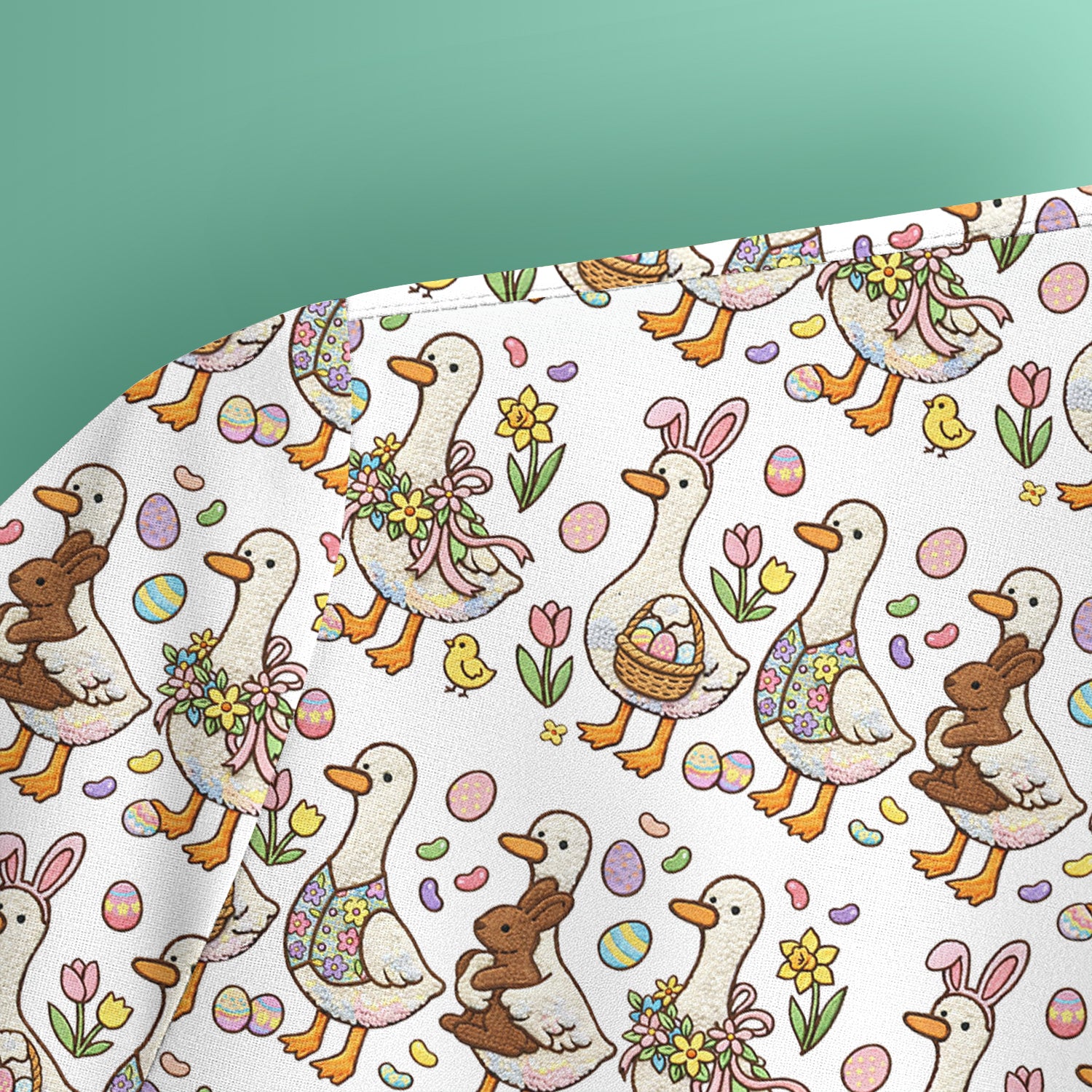 Easter Theme Duck and Bunny Egg Floral Print Scrub Top, Comfortable Scrubs for Nurses