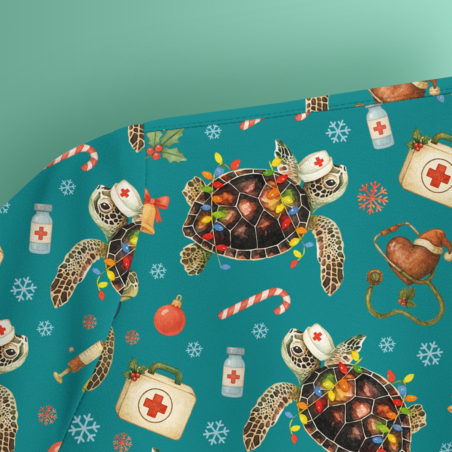Funny Christmas Scrub Top - Sea Turtle with Xmas Lights Shirt - Holiday Nurse Scrubs for Women
