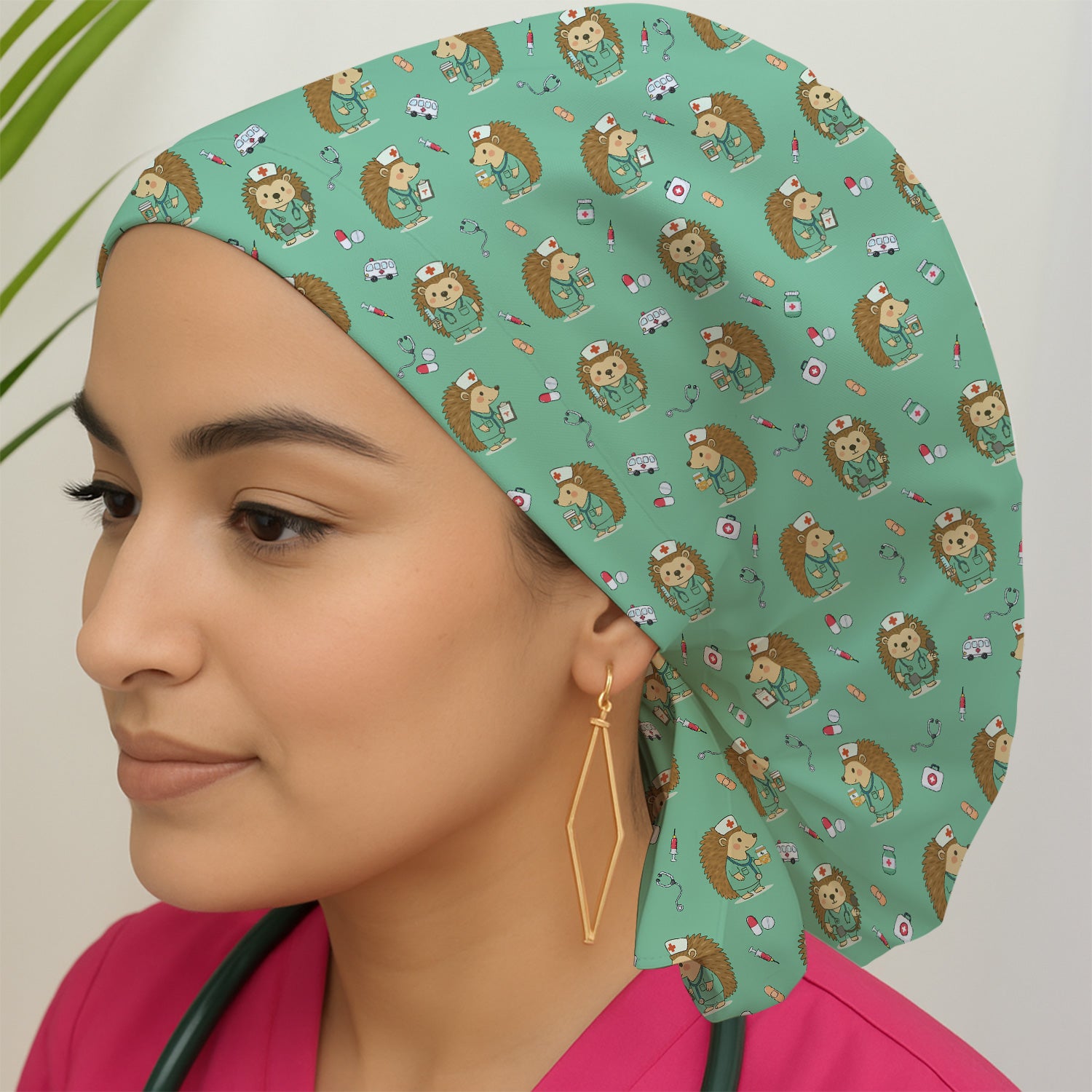 Cute Nurse Animal Scrub Cap - Cute Hedgehog with Coffee & Stethoscope Design - Gift for Healthcare Workers & Vet Techs