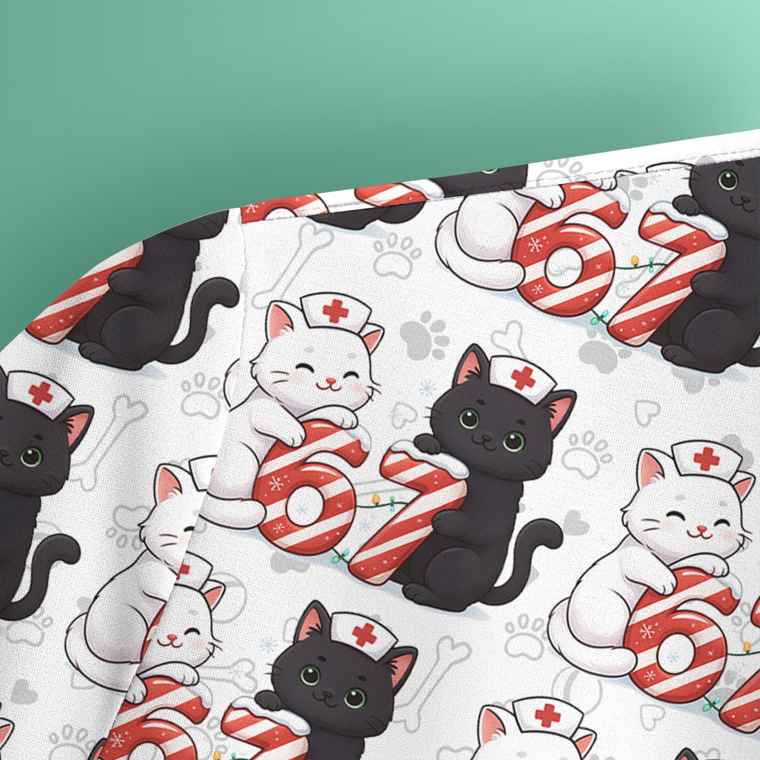 Xmas Cat Pattern Scrub Top, Christmas Nurse Six Seven With Cat Scrub Shirt, Breathable Fabrics Nursing Uniform