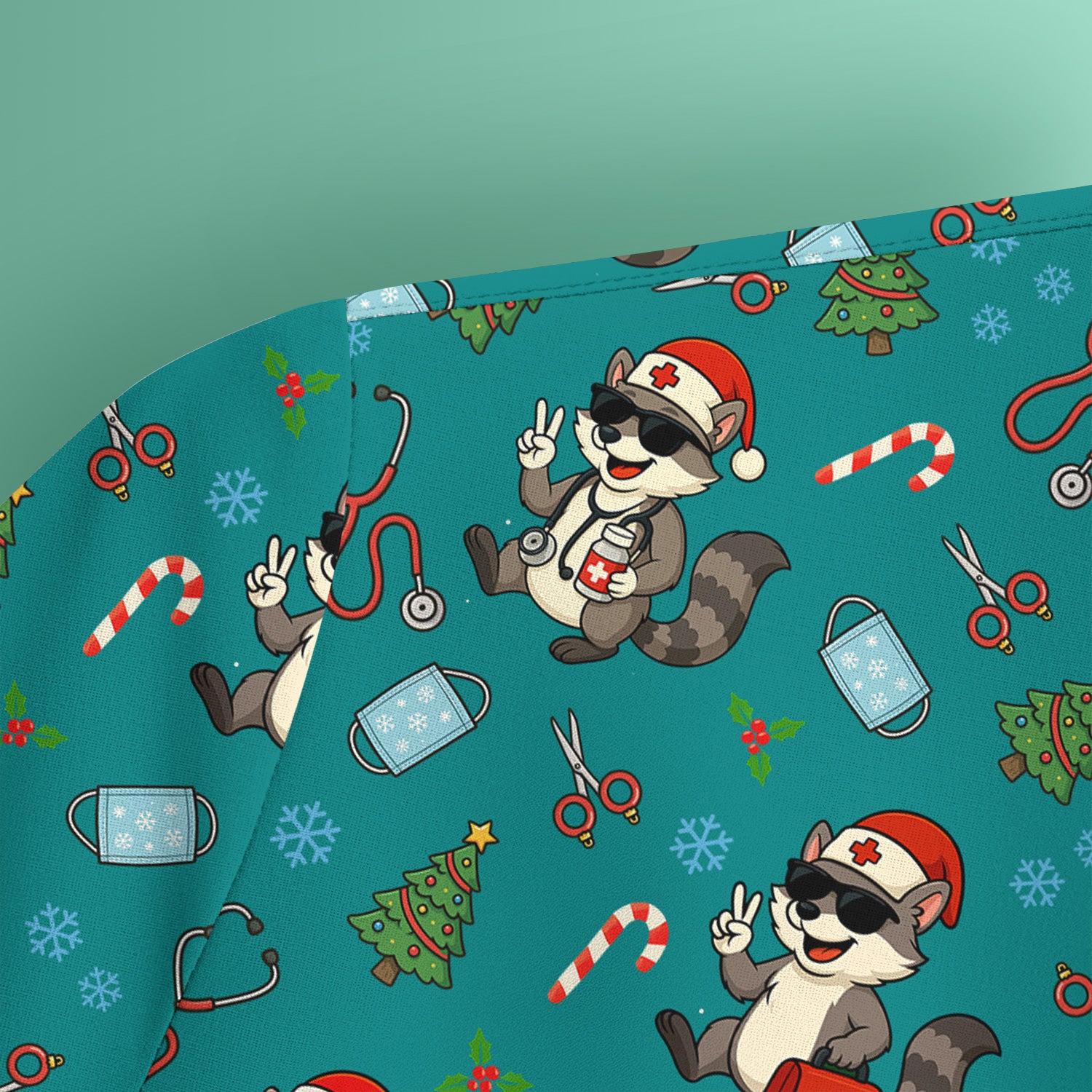 Cute Raccoon Christmas Scrub Top - Santa Hat and Stethoscope Pattern Nurse Scrubs - Funny Holiday Medical Shirt Gift for RN CNA LPN