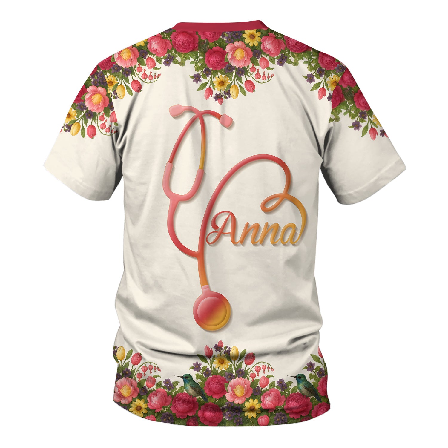 Personalized Floral Nurse Shirt with Name - Cute Colorful Flowers and Stethoscope Design - Thoughtful Gift for Women RN CNA LPN in Healthcare and Nursing Profession