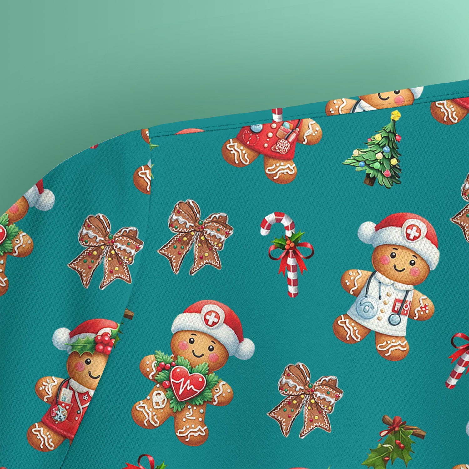Funny Christmas Scrub Top for Nurse - Adorable Gingerbread Candy Cane Bow- Festive Medical Uniform for Women