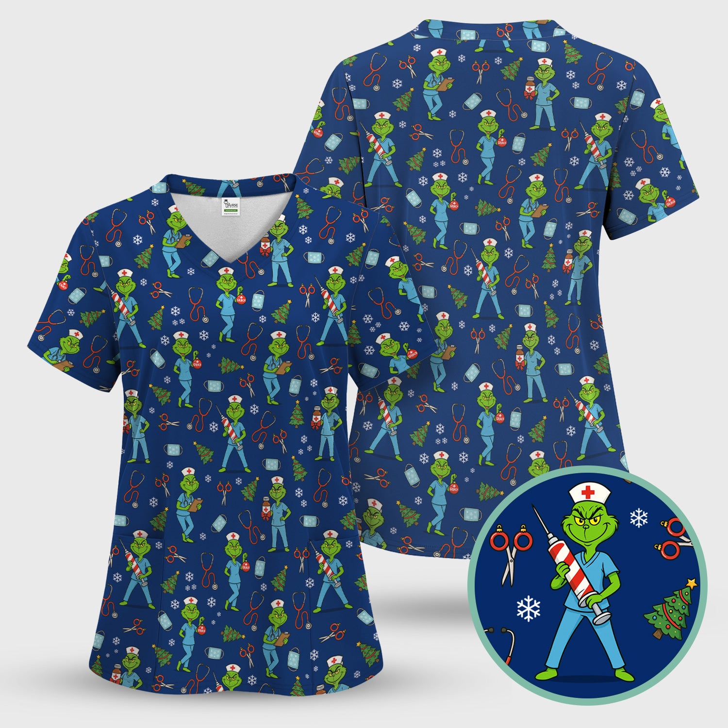 Christmas Grinch Nurse Scrub Top - Funny Holiday Medical Uniform for Women - RN LPN CNA Gift