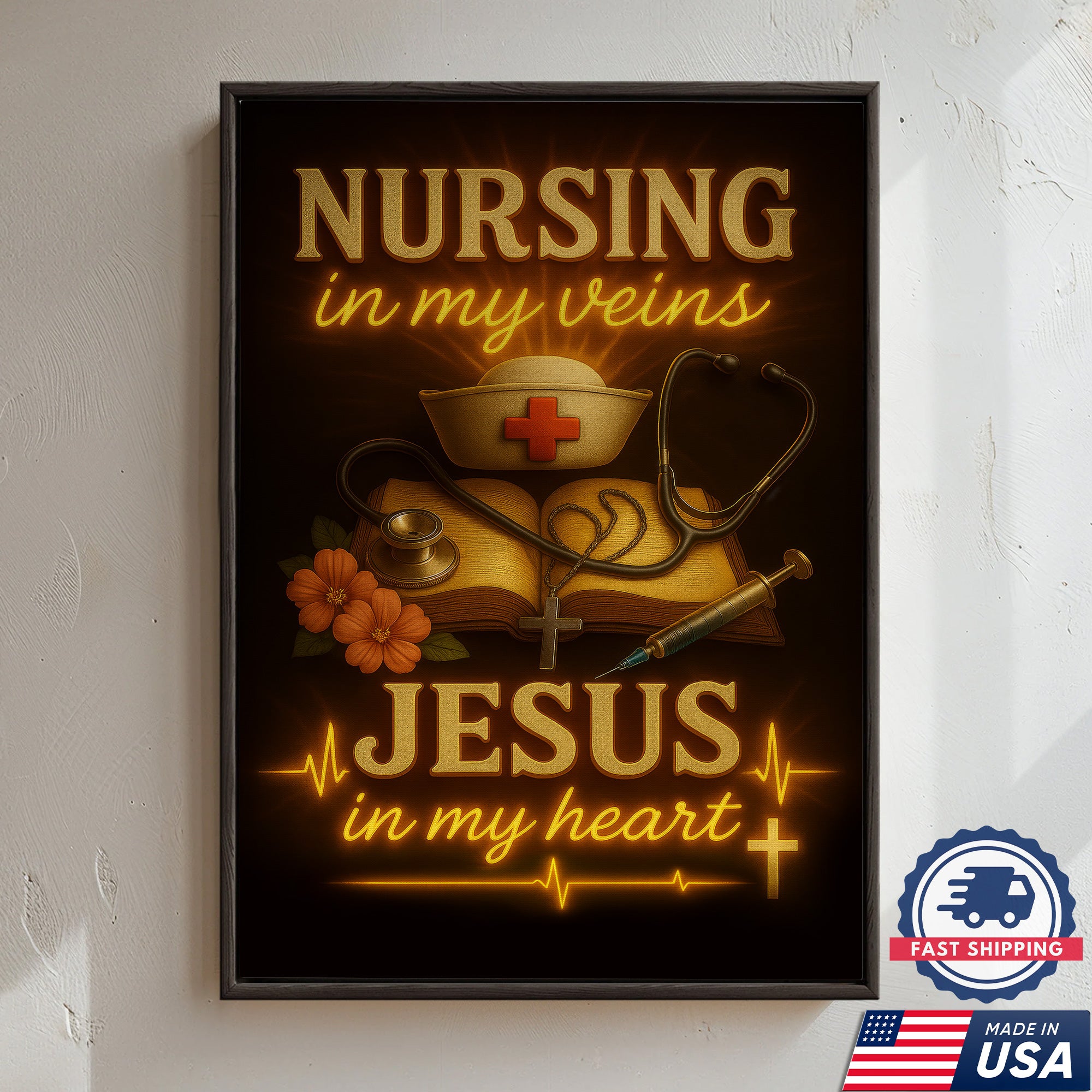 Christian Nurse Wall Art Canvas, Nursing in My Veins Jesus in My Heart, Gift for RN CNA LPN Women