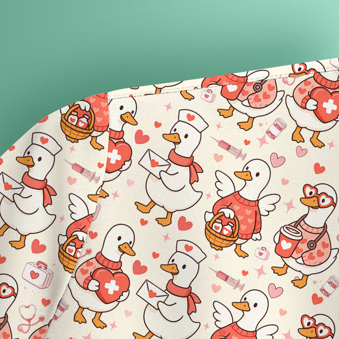 Valentine Goose Nurse Scrub Top, Heart Medical Pattern Nurse Shirt, Breathable Fabrics Nursing Uniform