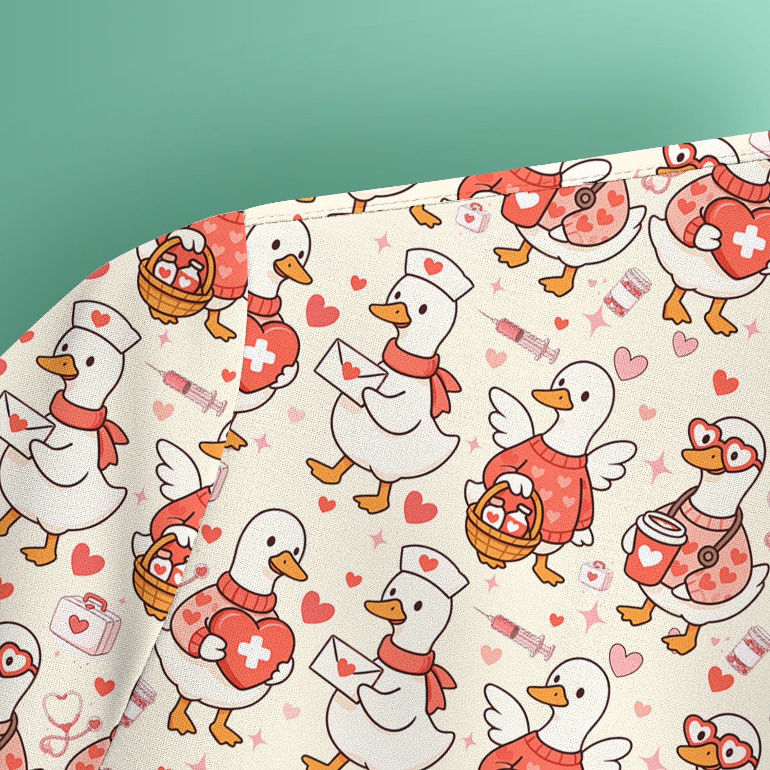 Valentine Goose Nurse Scrub Top, Heart Medical Pattern Nurse Shirt, Breathable Fabrics Nursing Uniform