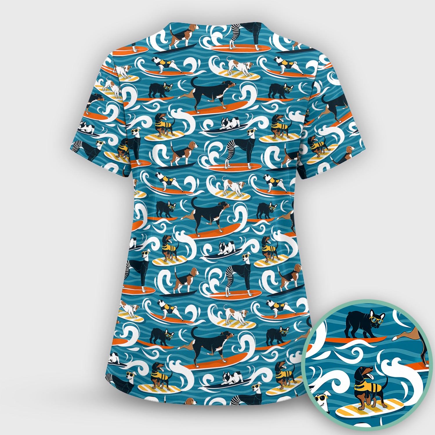 Surfing Dogs Ocean Wave Print Scrub Top, Comfortable Scrubs for Nurses