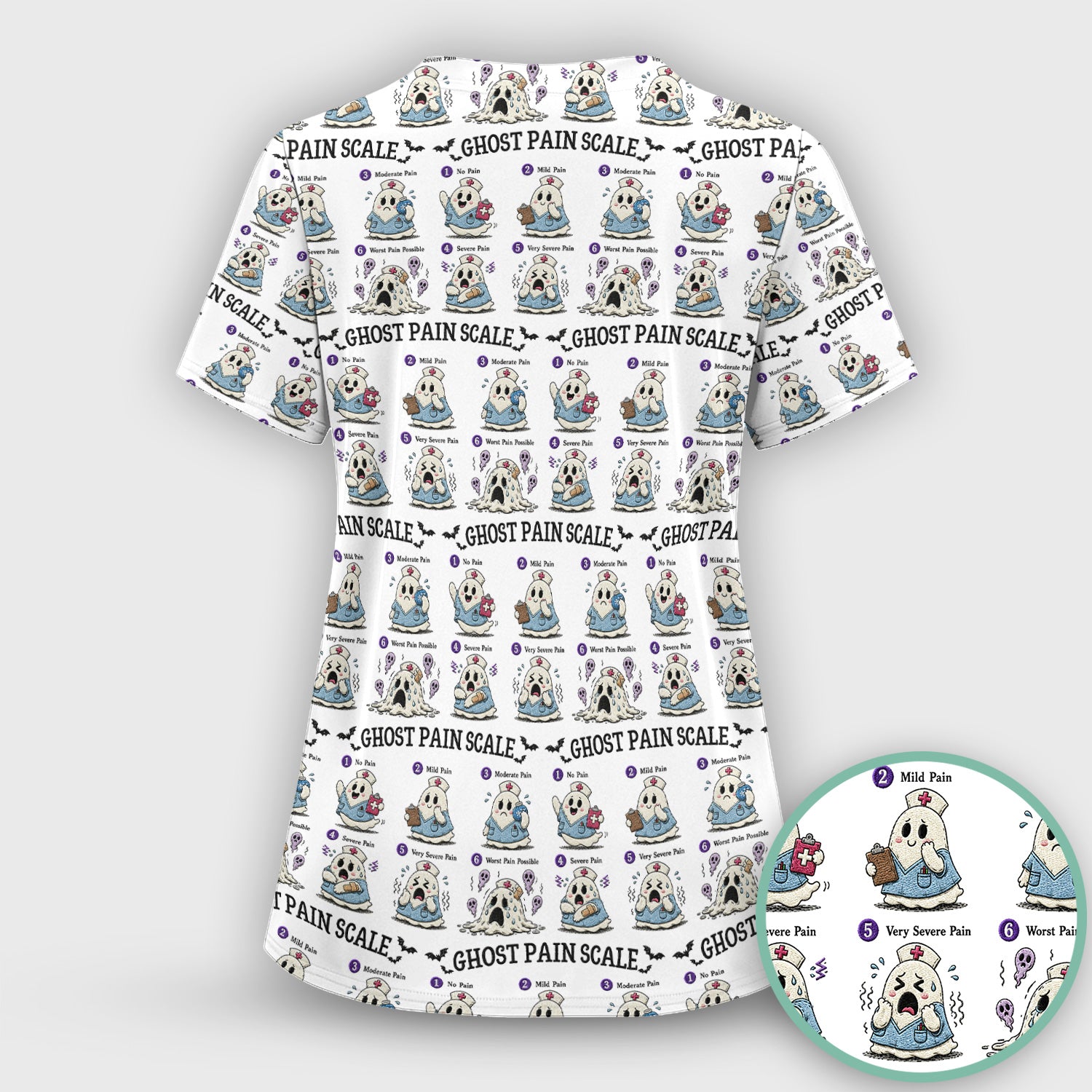 Funny Ghost Pain Scale Pattern Scrub Set, Scrub Pants and V Neck Top
