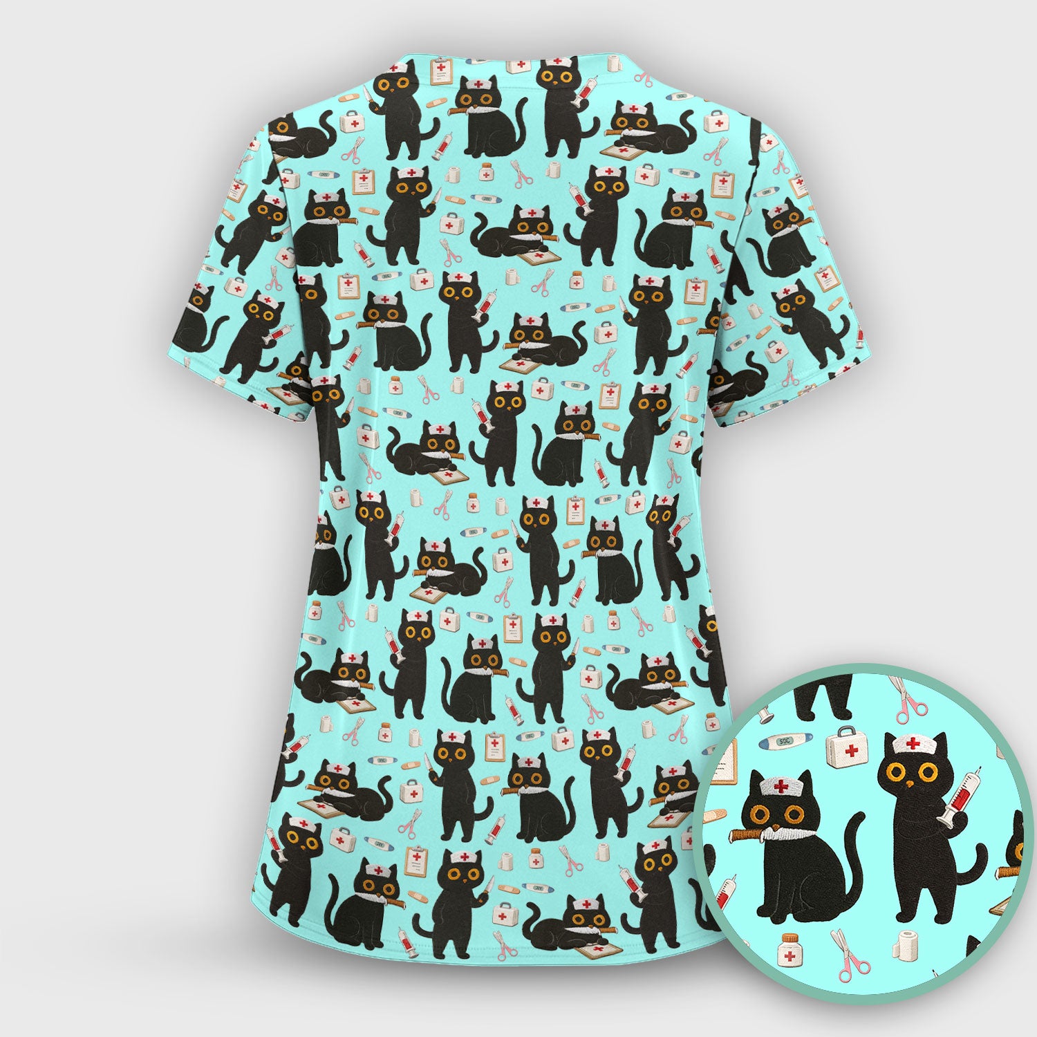 Cute Black Cat Nurse Pattern Women's Scrub Set, Breathable Med Uniform