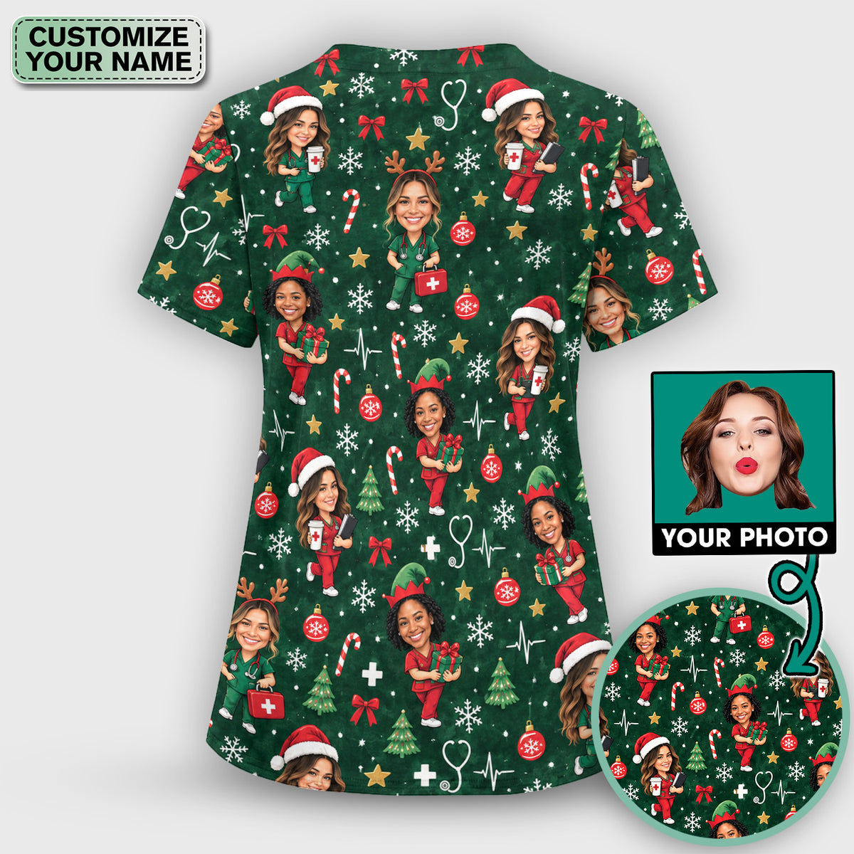 Personalized Christmas Nurse Photo And Name Scrub Set, Scrub Pants and V Neck Top
