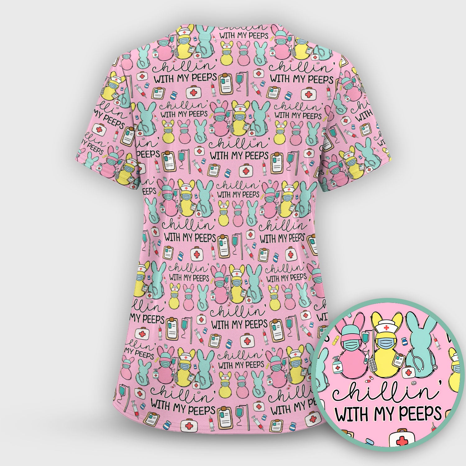Cute Bunny Nurse Chillin With My Peeps Scrub Top, Comfortable Scrubs for Nurses, Easter