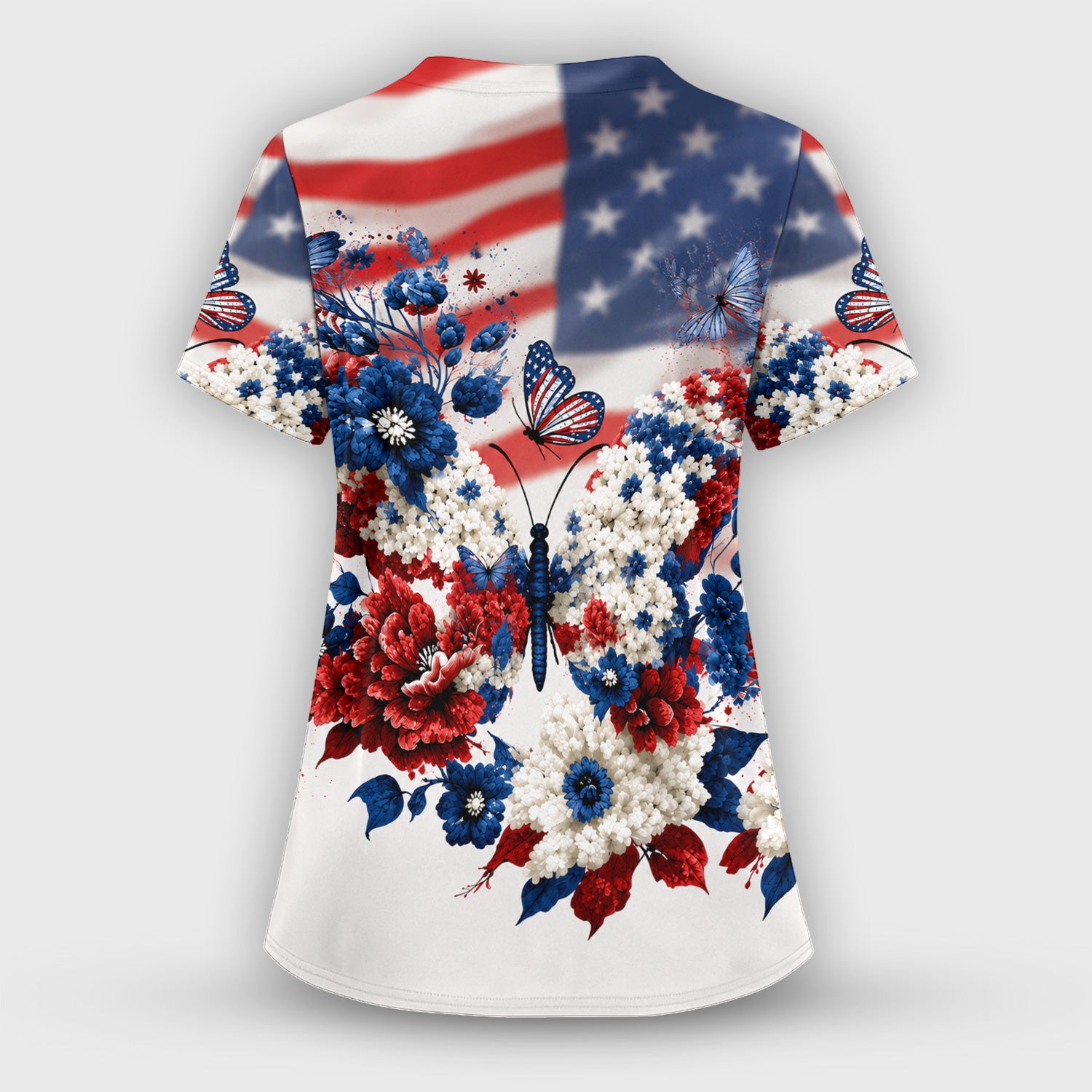 Patriotic Butterfly with Floral Print Scrub Top, Comfortable Scrubs for Nurses