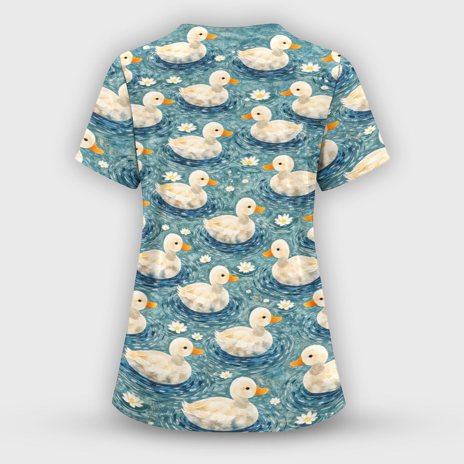 Charming Duck Pond Scrub Top, Peaceful Waterfowl Print Nursing Uniform, Breathable Medical Scrubs