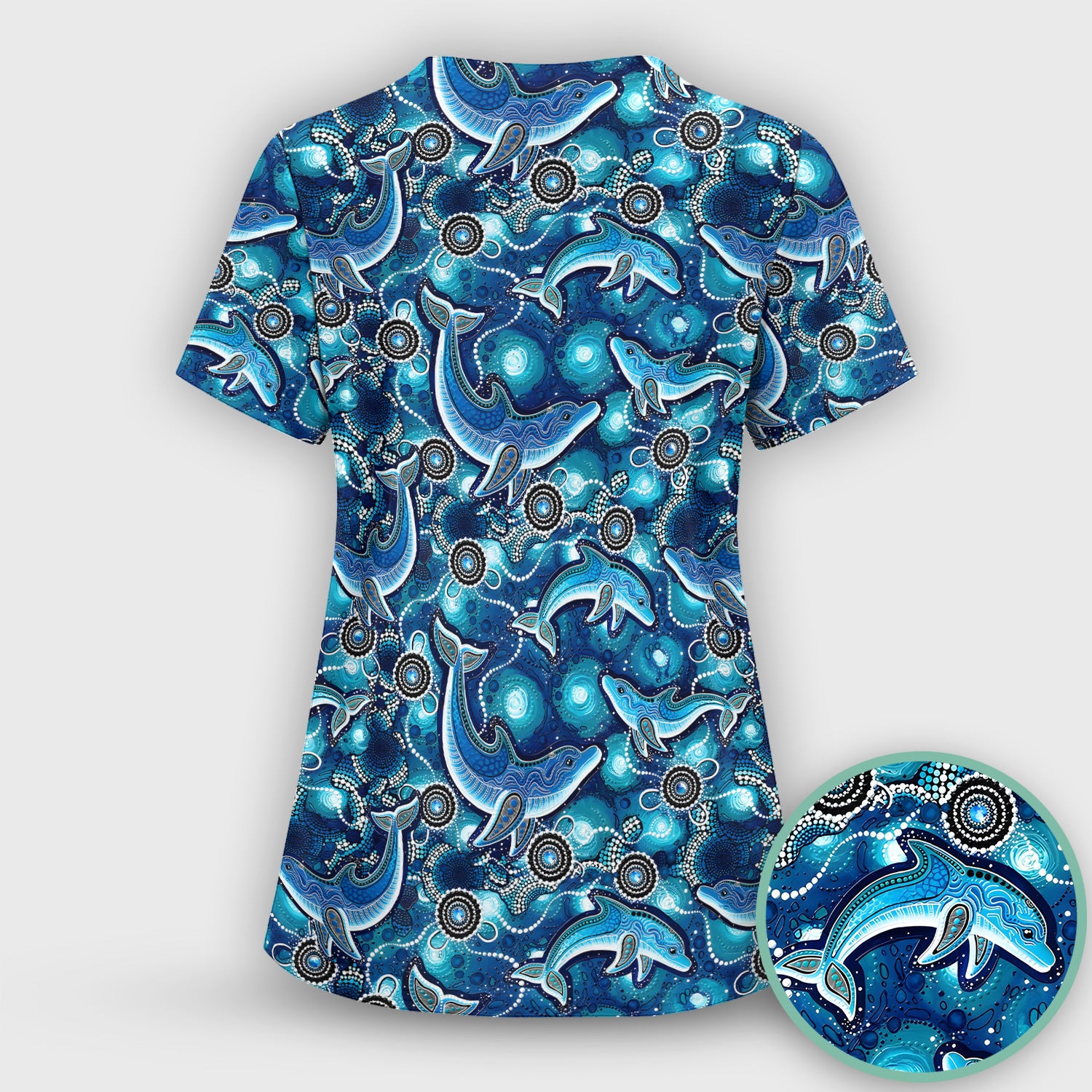 Ocean Dolphin Aboriginal Dot Print Scrub Set, Scrub Pants and V Neck Top