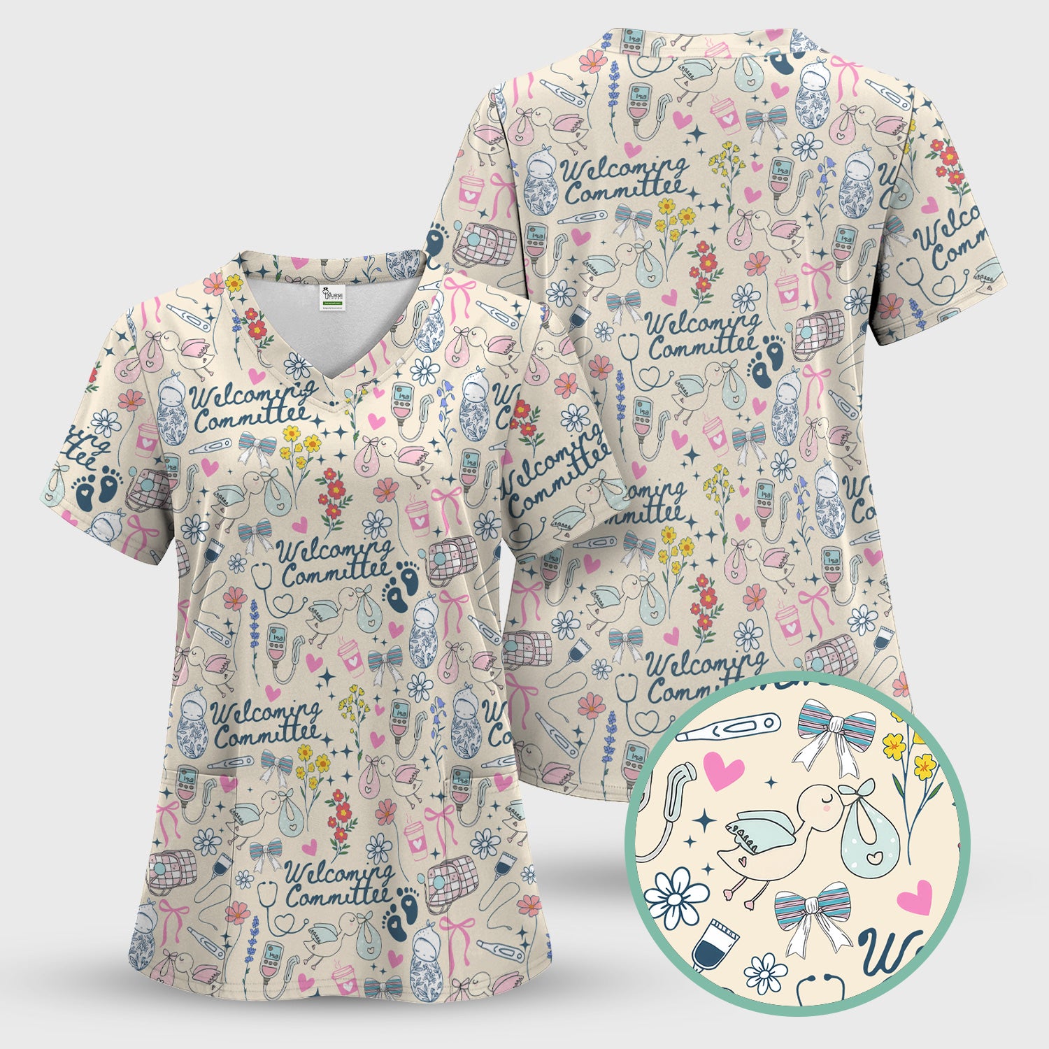 Funny NICU Nurse Tee - Cute Baby Feet & Floral Stork Pattern Graphic - Gift for Women RN LPN