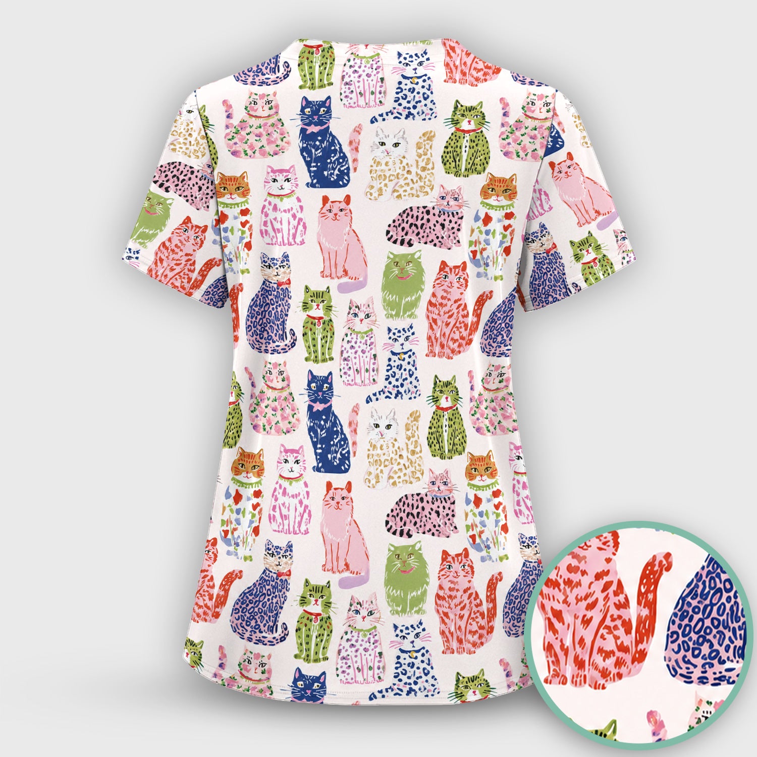 Colorful Cat with Playful Pet Scrub Set, Scrub Pants and V Neck Top