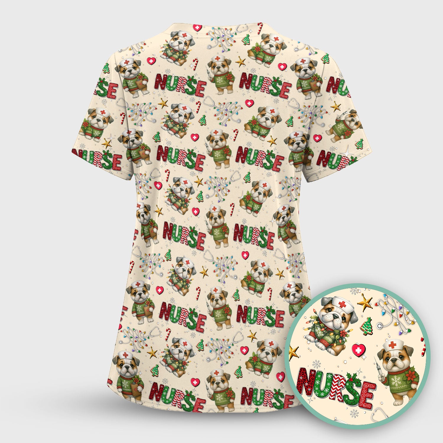Bulldog Christmas Nurse Scrub Top - Funny Dog Scrub Shirt - Cute Holiday Medical Uniform for Women RN LPN CNA Gift