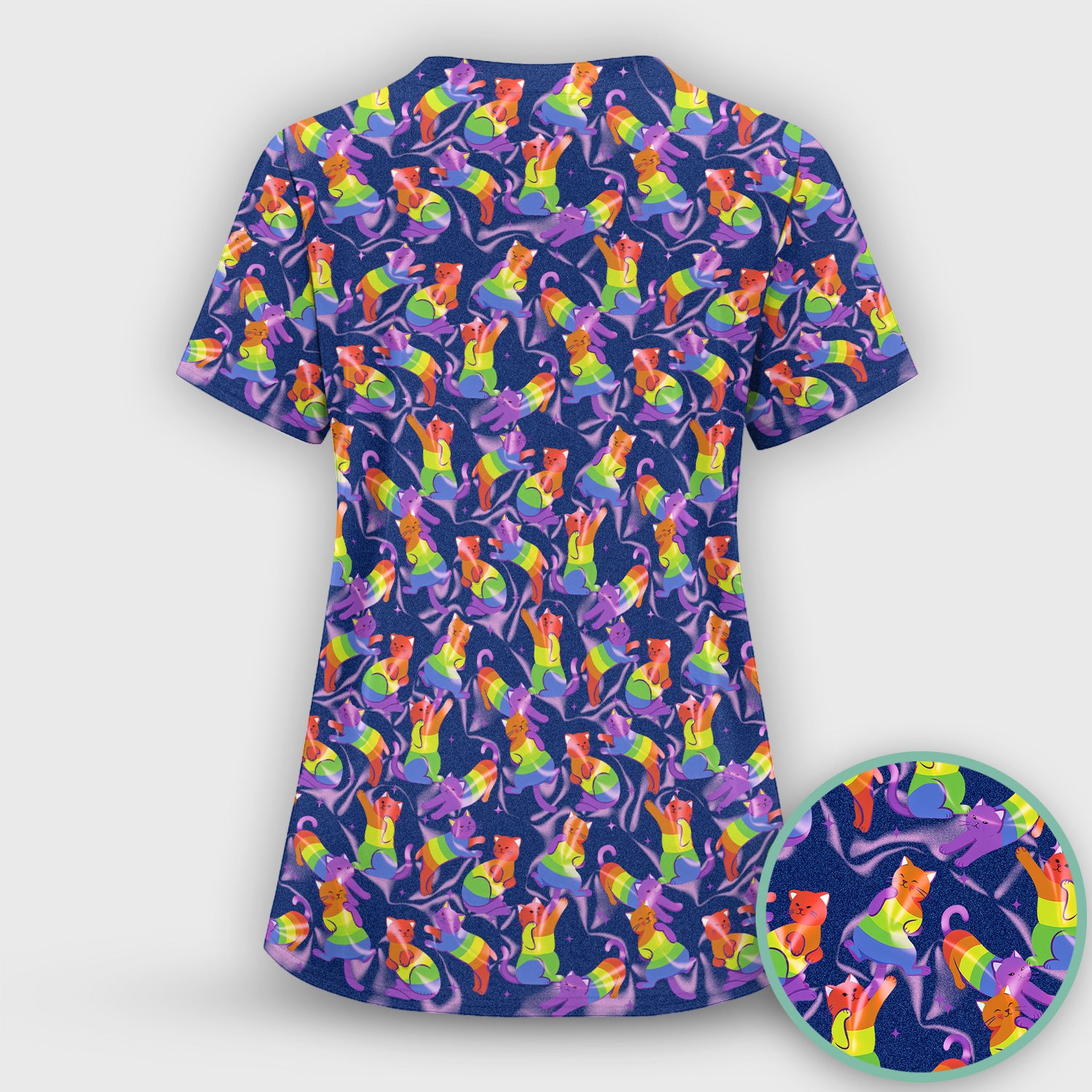 Rainbow Pride Cat Pattern Scrub Top, Breathable Fabrics Nursing Uniform