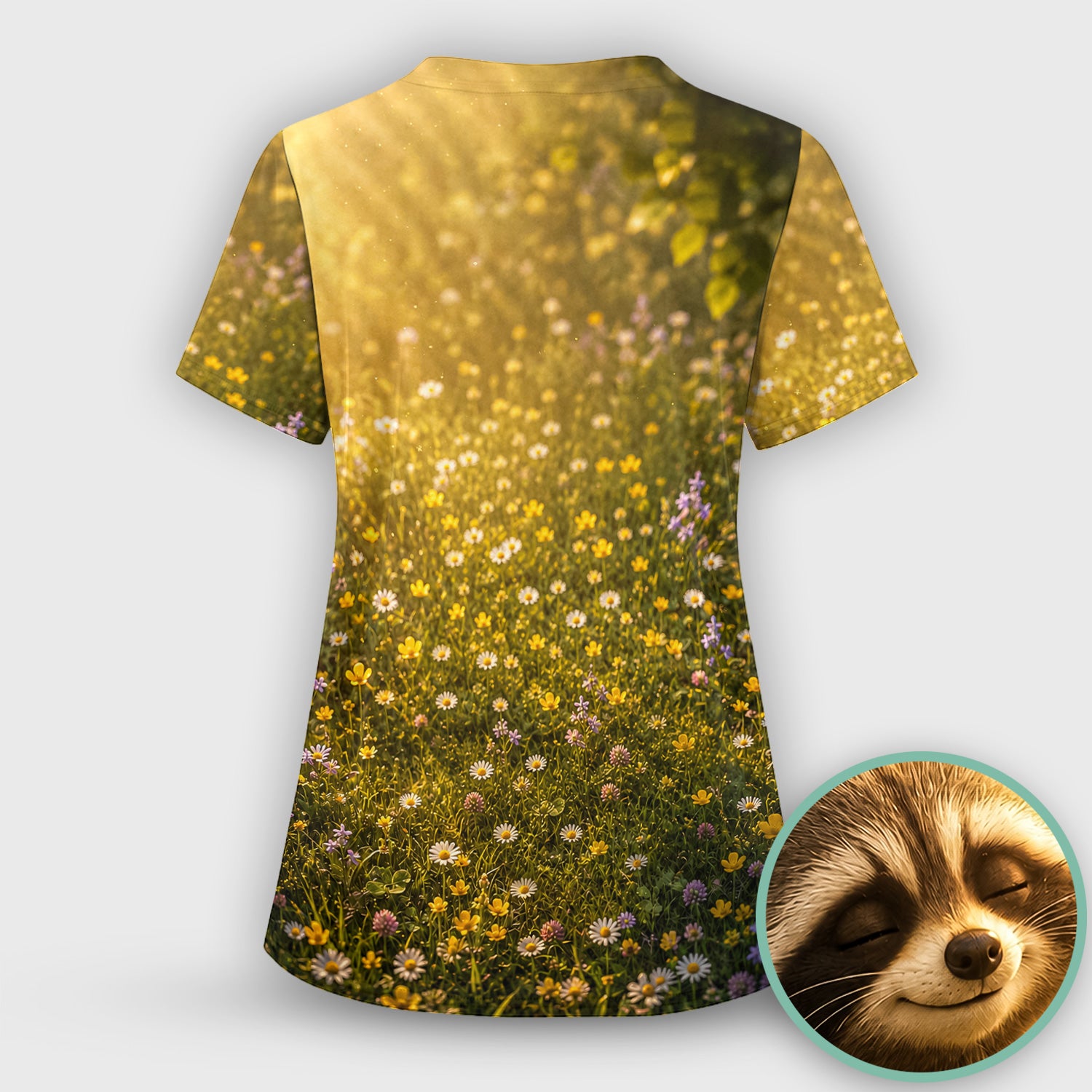 Smiling Raccoon Meadow Flower Pattern Scrub Top, Comfortable Scrubs for Nurses