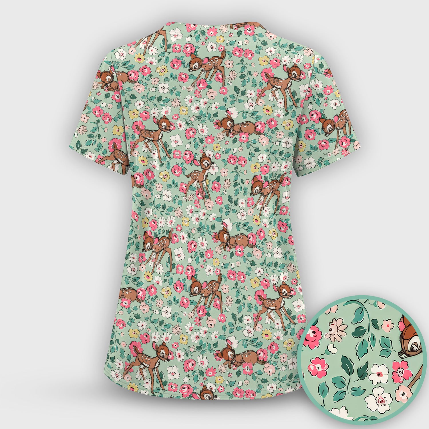 Cute Baby Deer Floral Pattern Scrub Set, Scrub Pants and V Neck Top