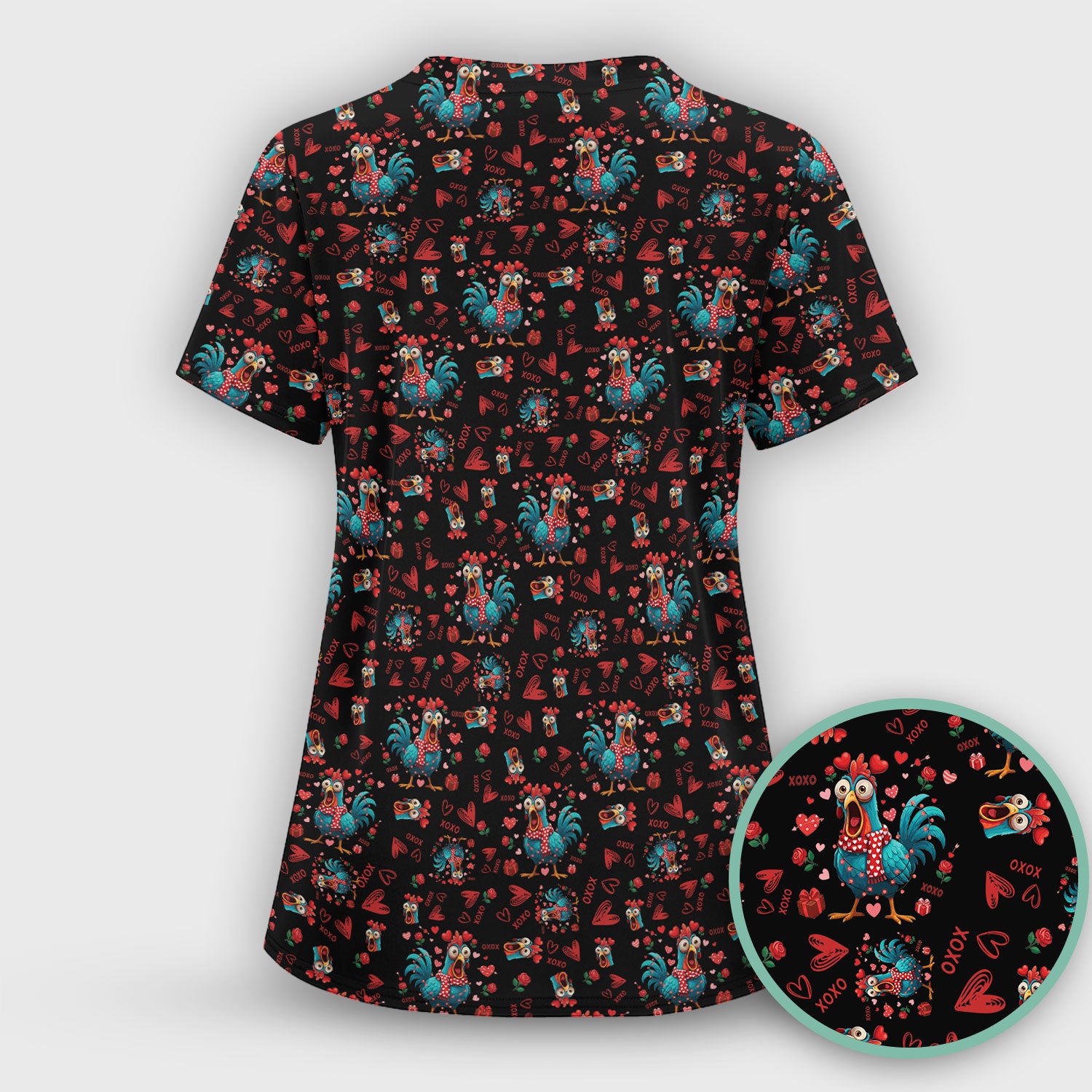 Funny Rooster Valentine Scrub Top, Cute Chicken XOXO Heart Pattern Nurse Shirt, Breathable Fabrics Nursing Uniform