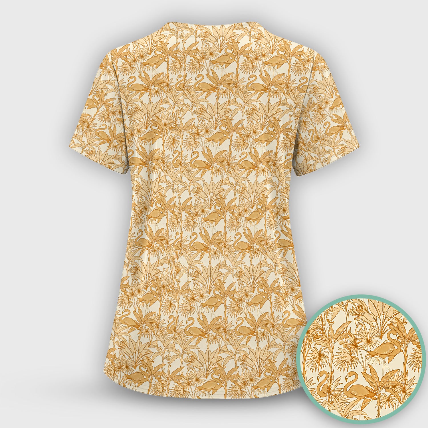 Tropical Flamingo Palm Leaves Pattern Scrub Top, Breathable Fabrics Nursing Uniform