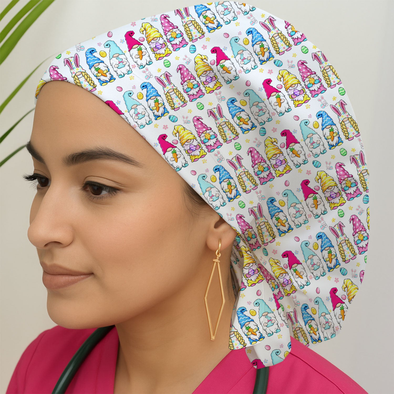 Colorful Easter Gnome Bunny Eggs Pattern Cap, Bouffant Scrub Caps for Women
