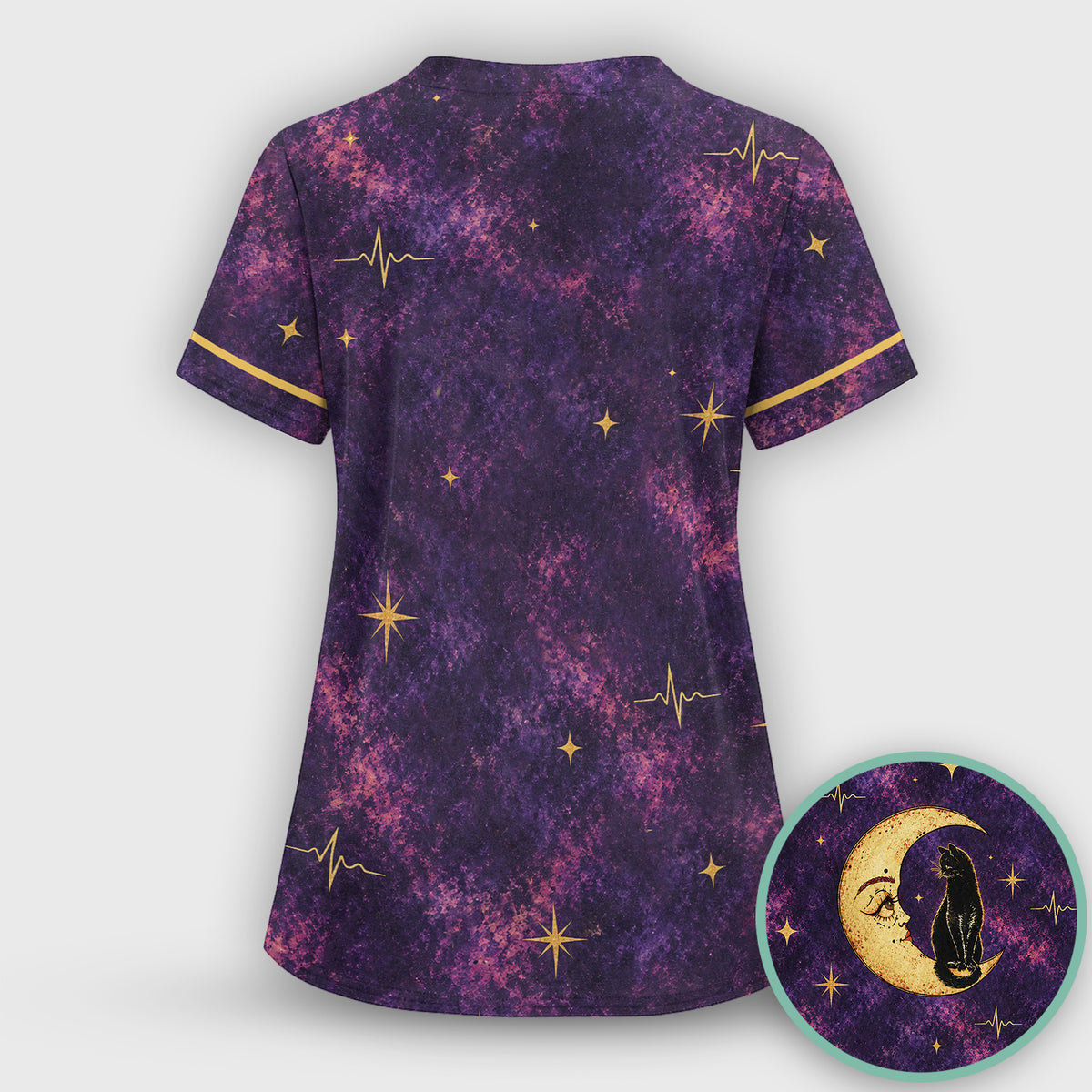 Celestial Nurse Black Cat Crescent Moon Scrub Top, Comfortable Scrubs for Nurses