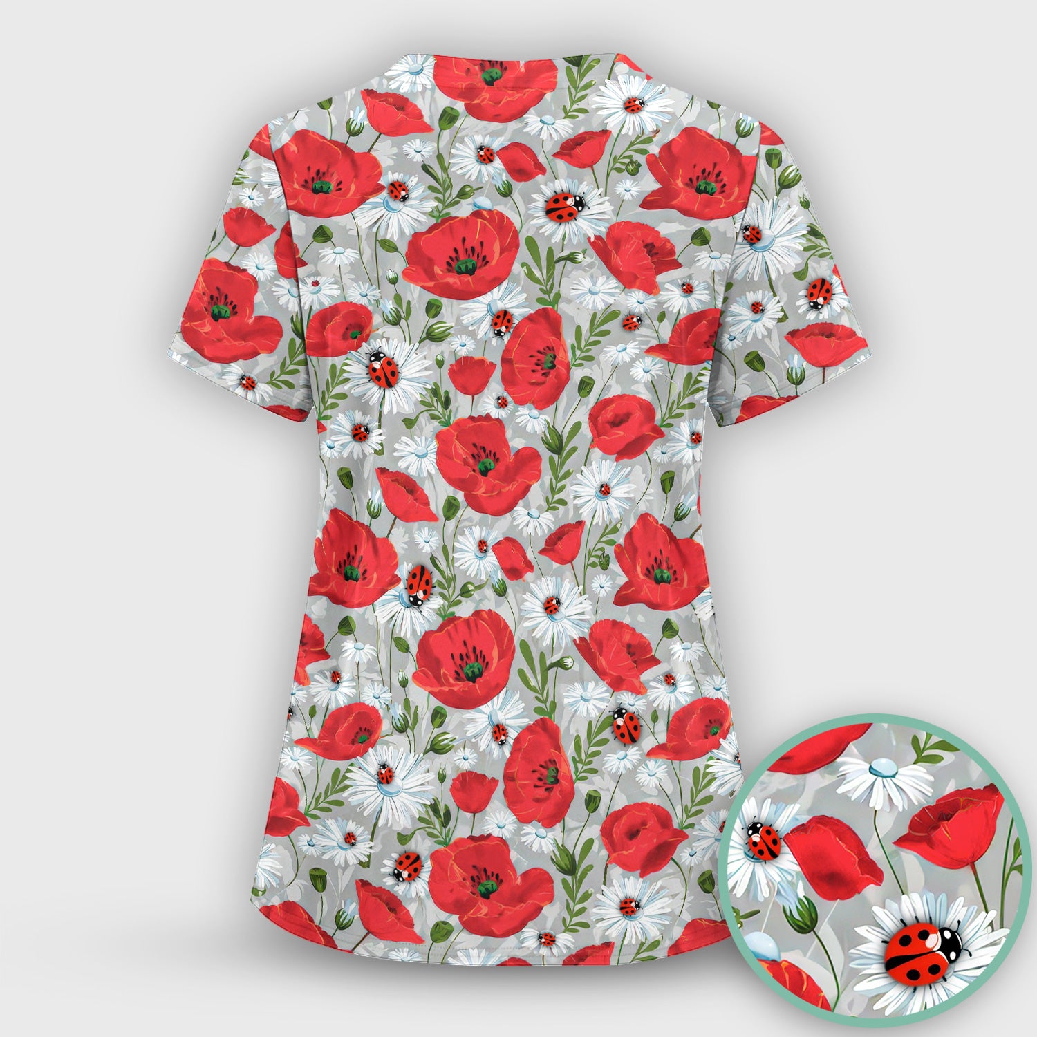 Cute Red Poppy Daisy Ladybug Floral Print Scrub Top, Comfortable Scrubs for Nurses