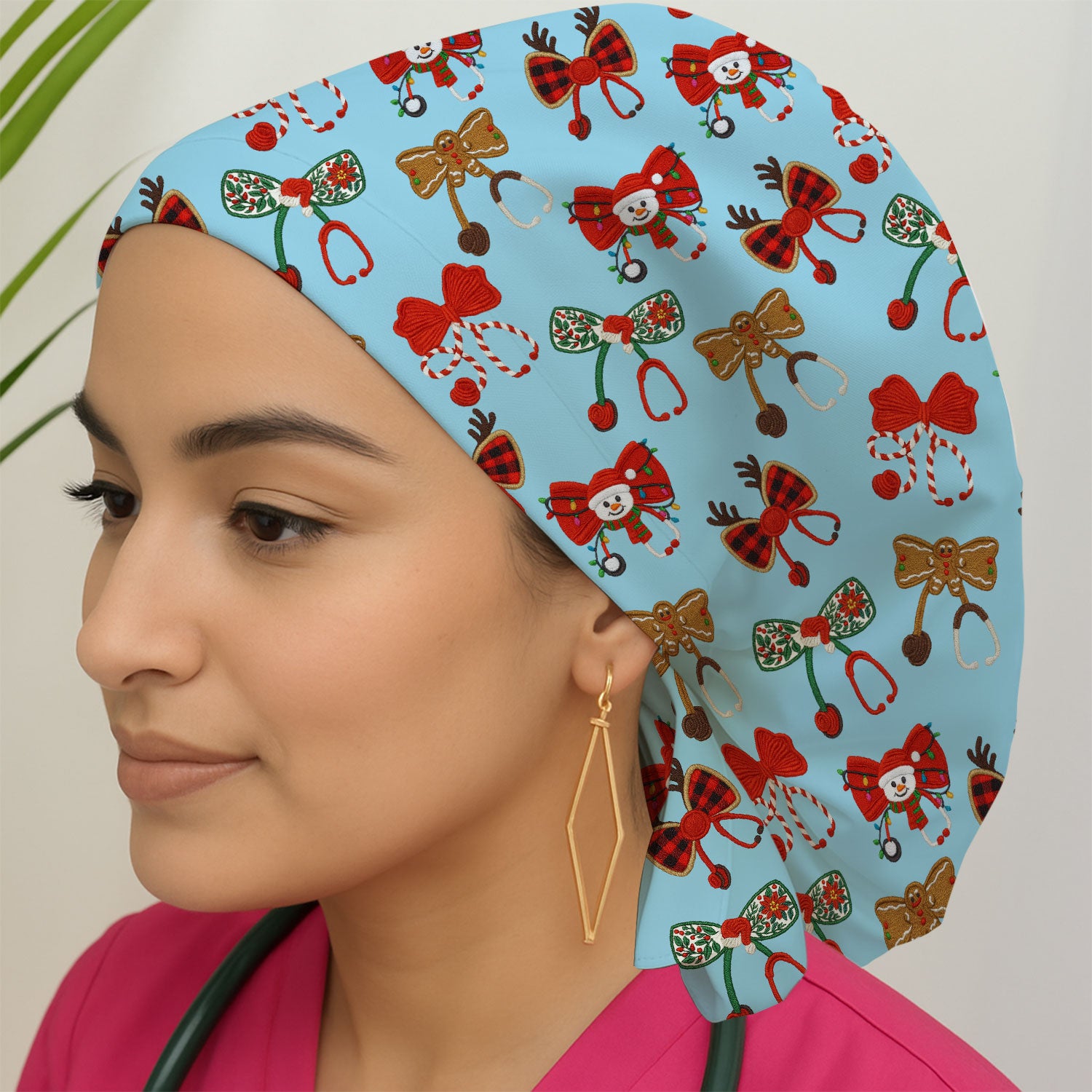 Christmas Stethoscope Bow Nurse Scrub Cap, Xmas Pattern Scrub Hat, Holiday Nursing Uniform
