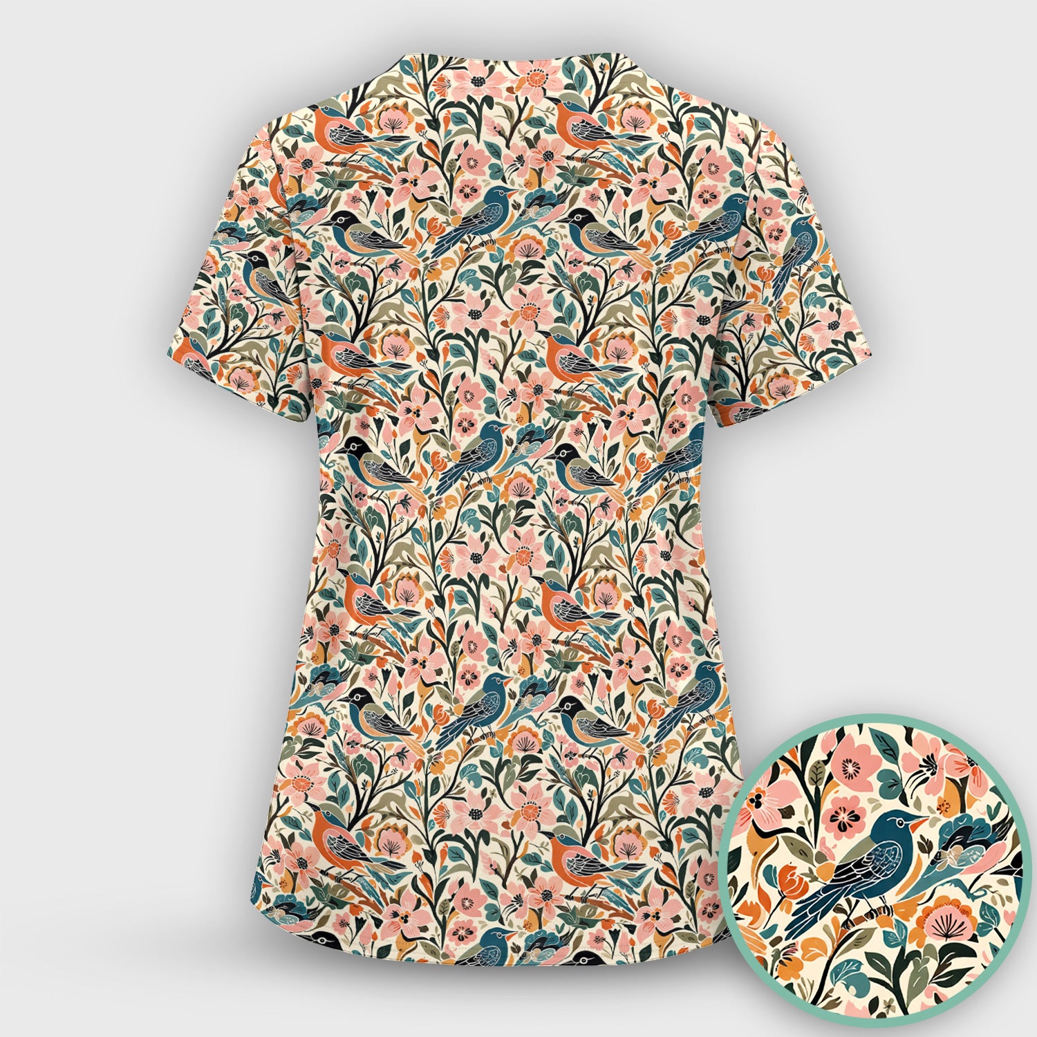 Folk Art Songbird Floral Pattern Scrub Top, Comfortable Scrubs for Nurses