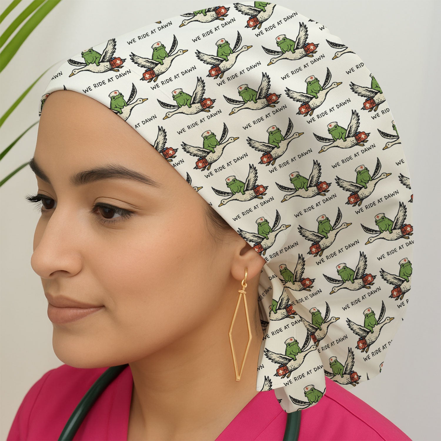 Funny Frog Riding Goose Nurse Pattern Cap, Bouffant Scrub Caps for Women