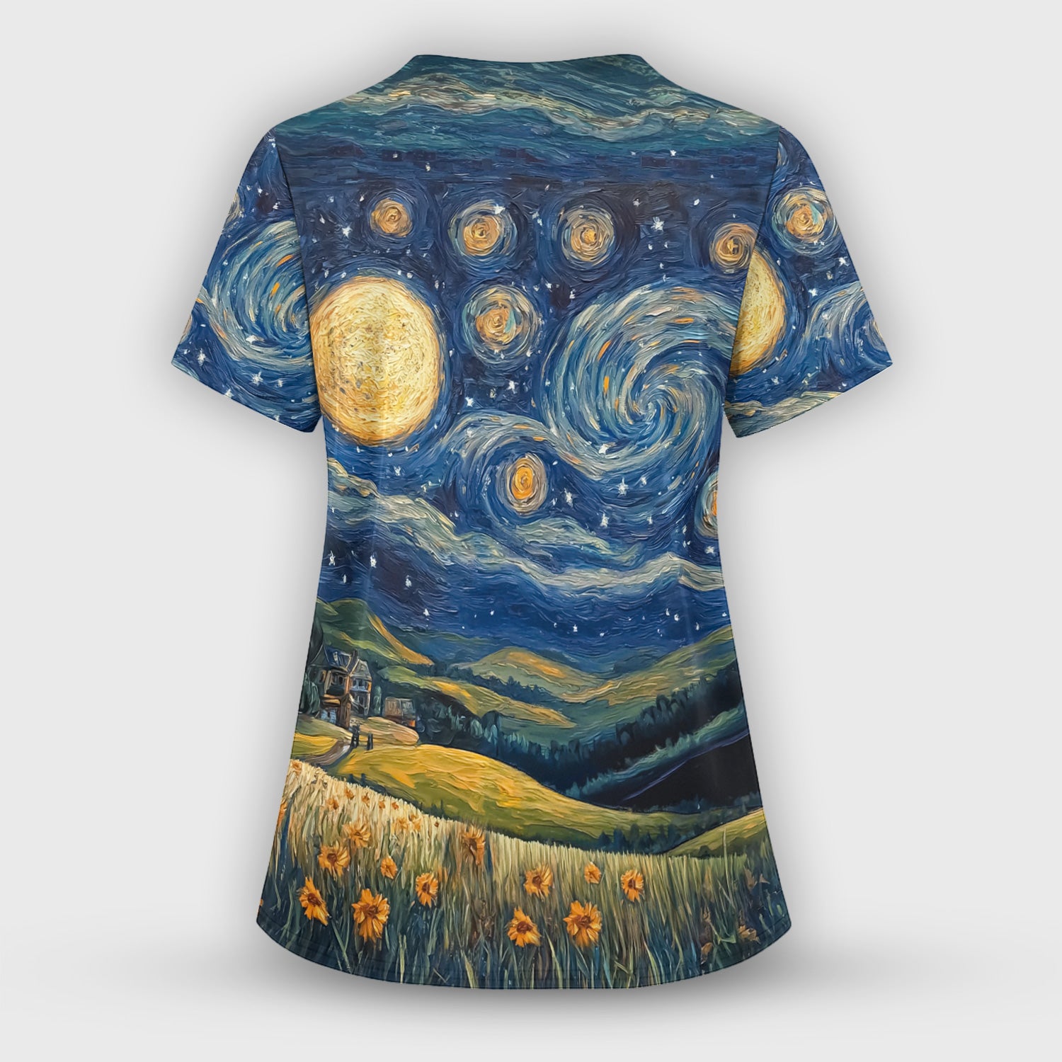 Artistic Highland Cow Starry Night Scene Pattern Scrub Top, Comfortable Scrubs for Nurses