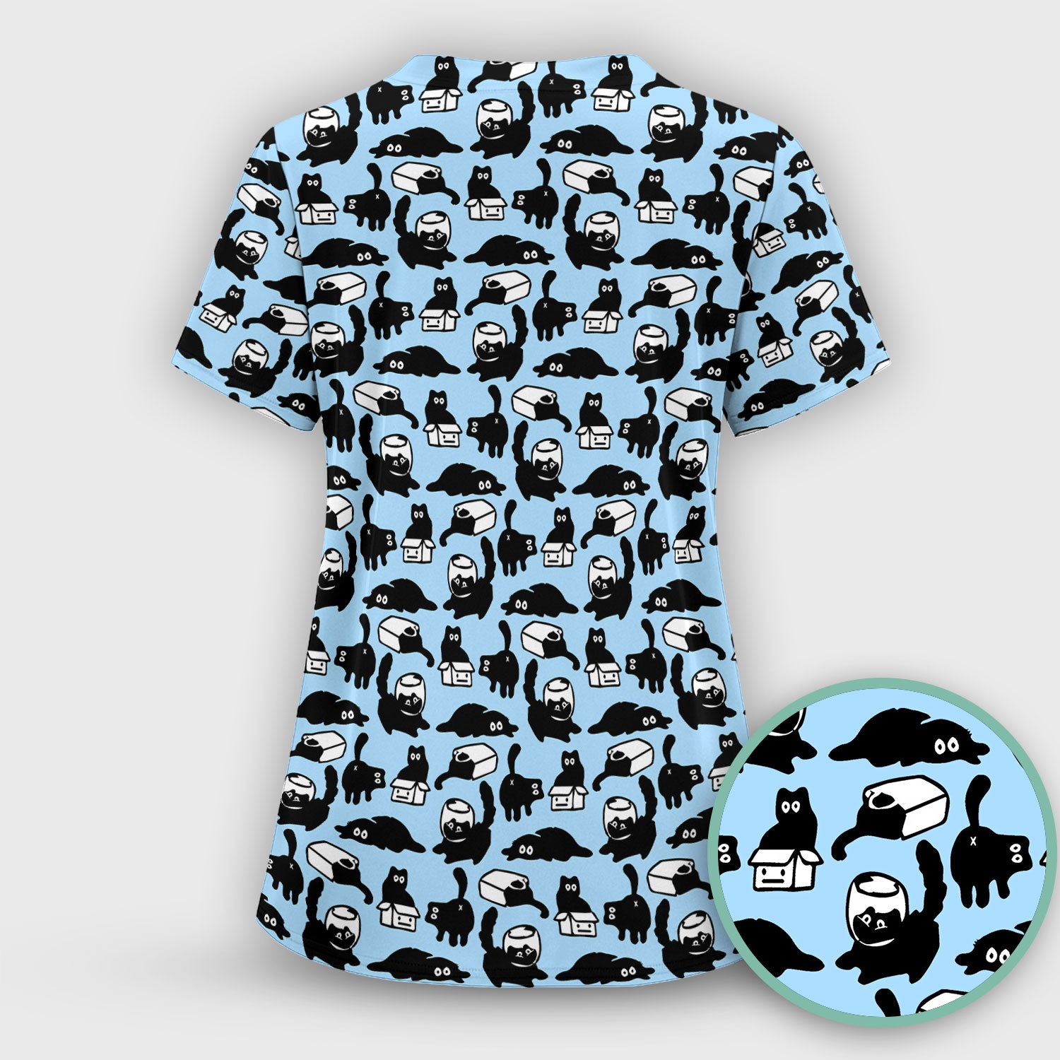 Dark Playful Cat Cartoon Pattern Scrub Top, Comfortable Scrubs for Nurses