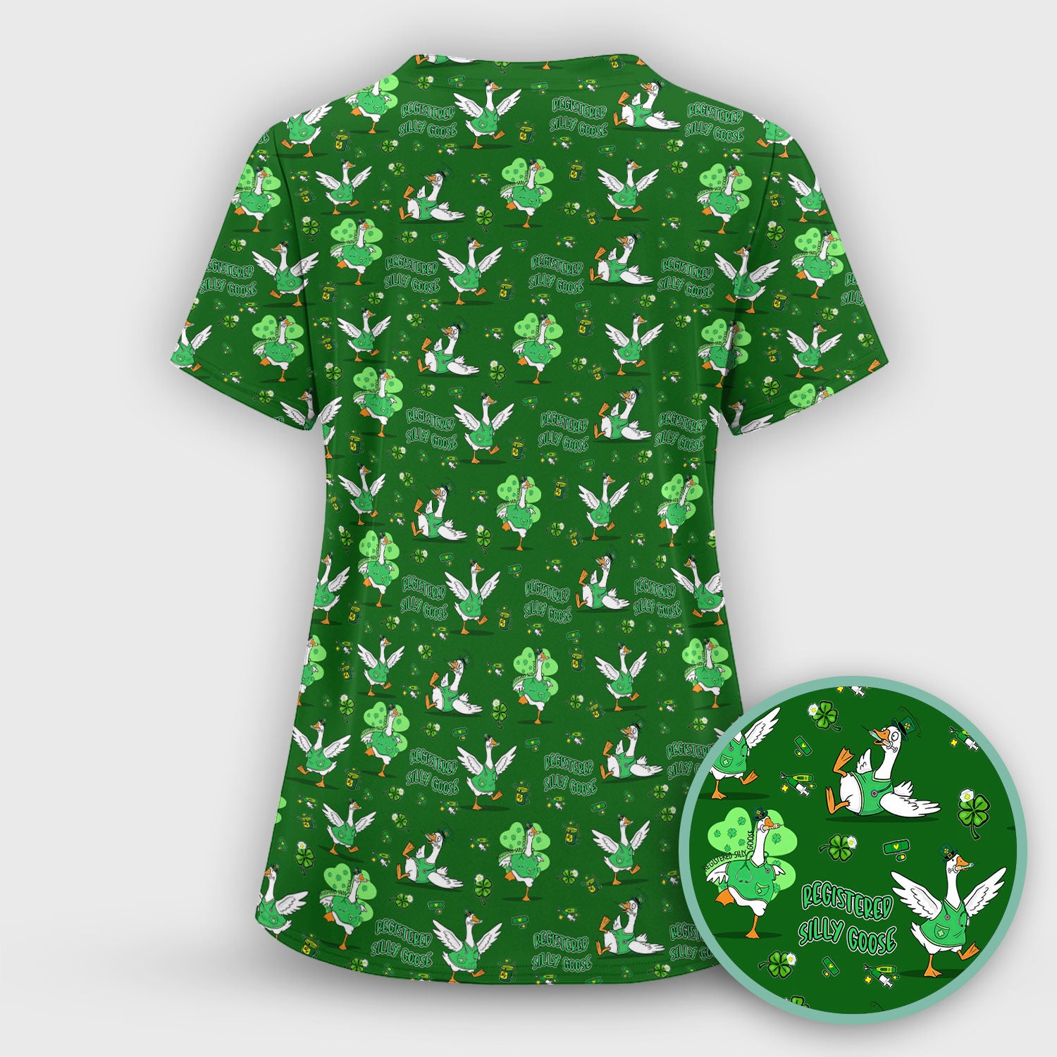 Silly Goose St. Patrick’s Day Scrub Top, Funny Goose Shamrock Pattern Nurse Scrub Shirt, Irish Green Nursing Uniform