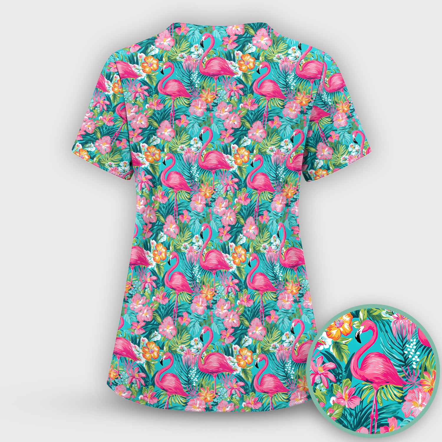 Tropical Flamingo Floral Pattern Scrub Set, Scrub Pants and V Neck Top