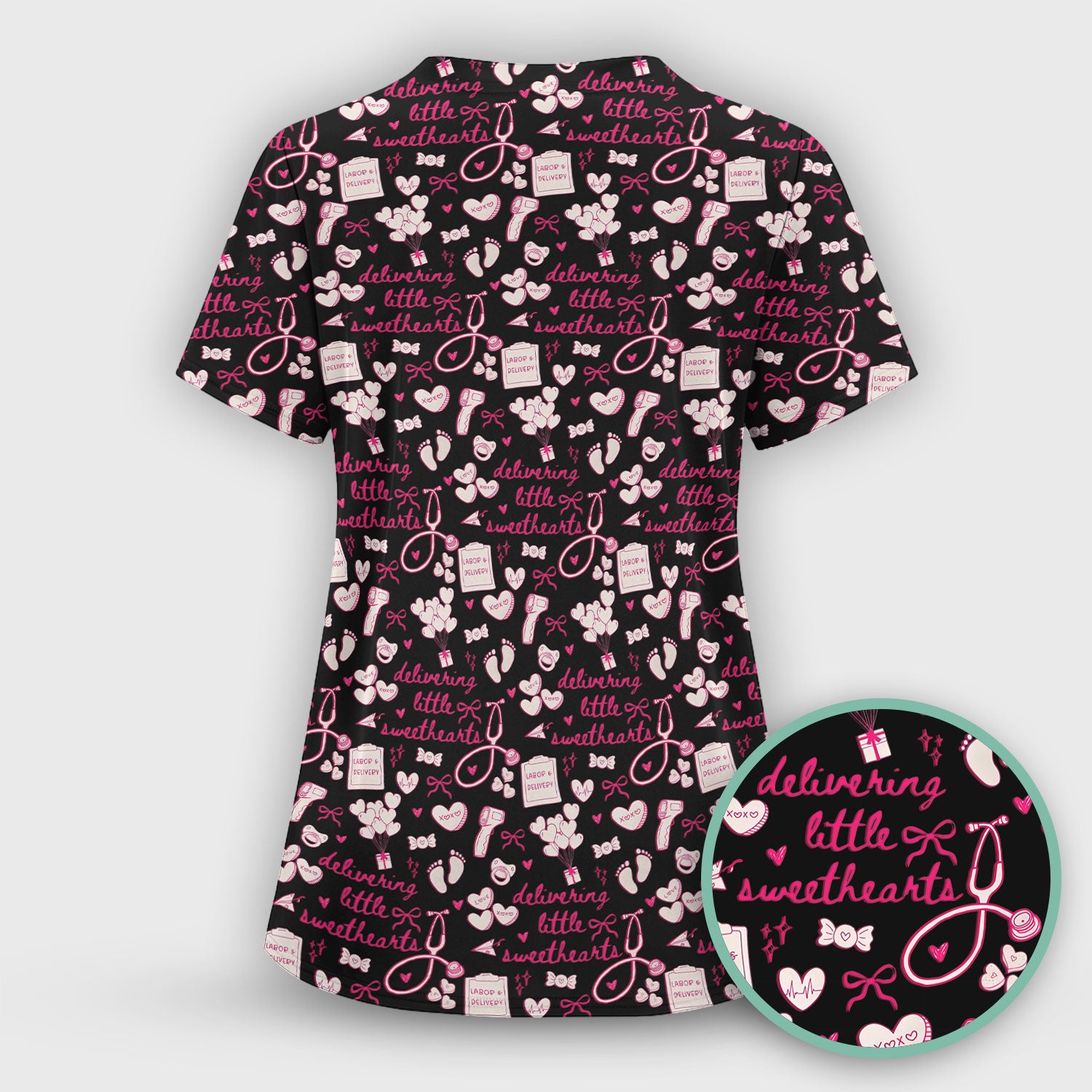Valentine Labor And Delivery Scrub Top, XOXO Pattern Scrub Shirt, Breathable Fabrics Nursing Uniform For Women