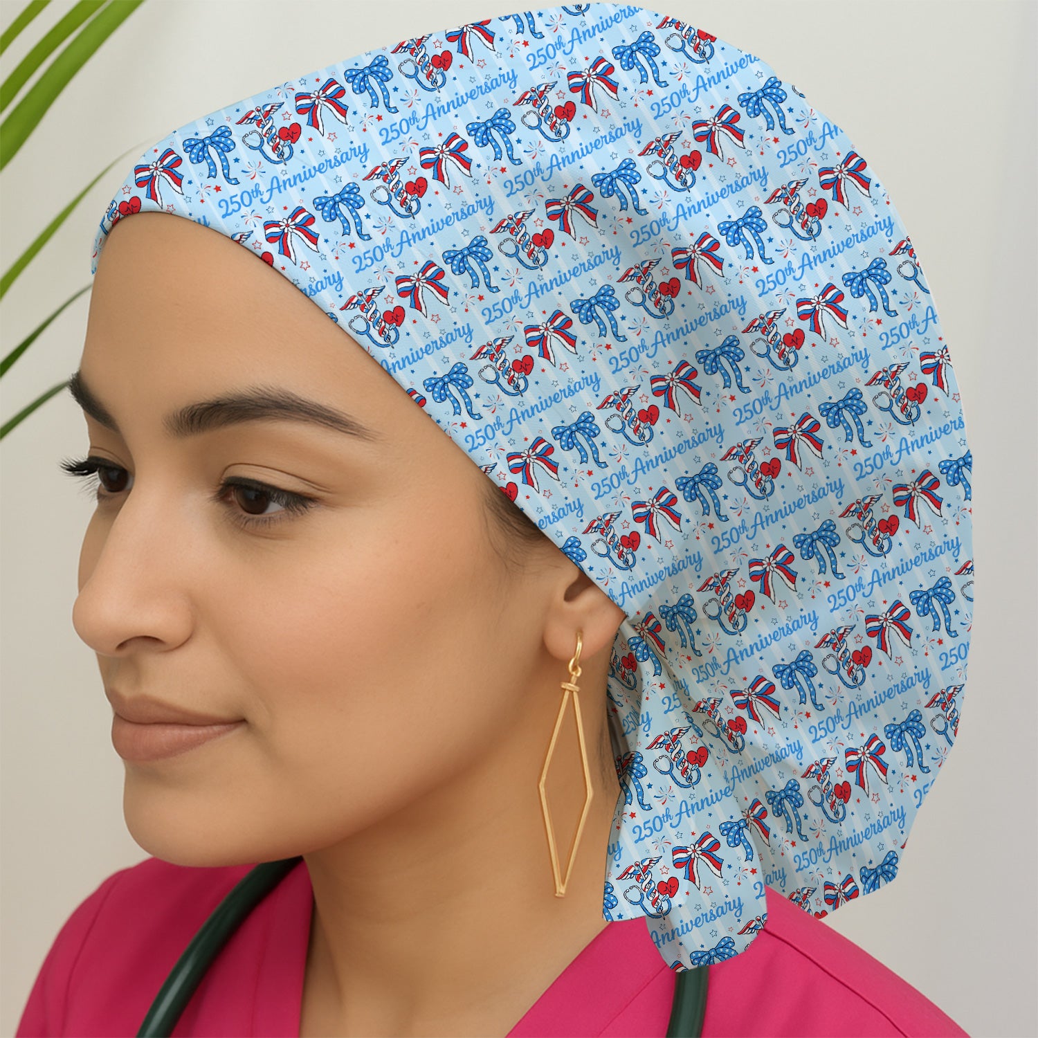 Festive 250th Anniversary Nurse Ribbon Heart Pattern Nurse Scrub Cap, Surgical Caps for Doctors