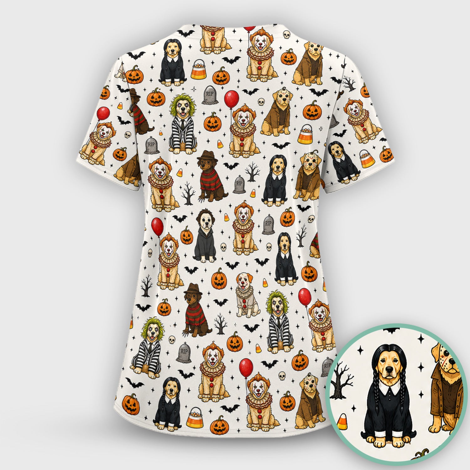 Funny Halloween Dog Pattern Scrub Top, Comfortable Scrubs for Nurses