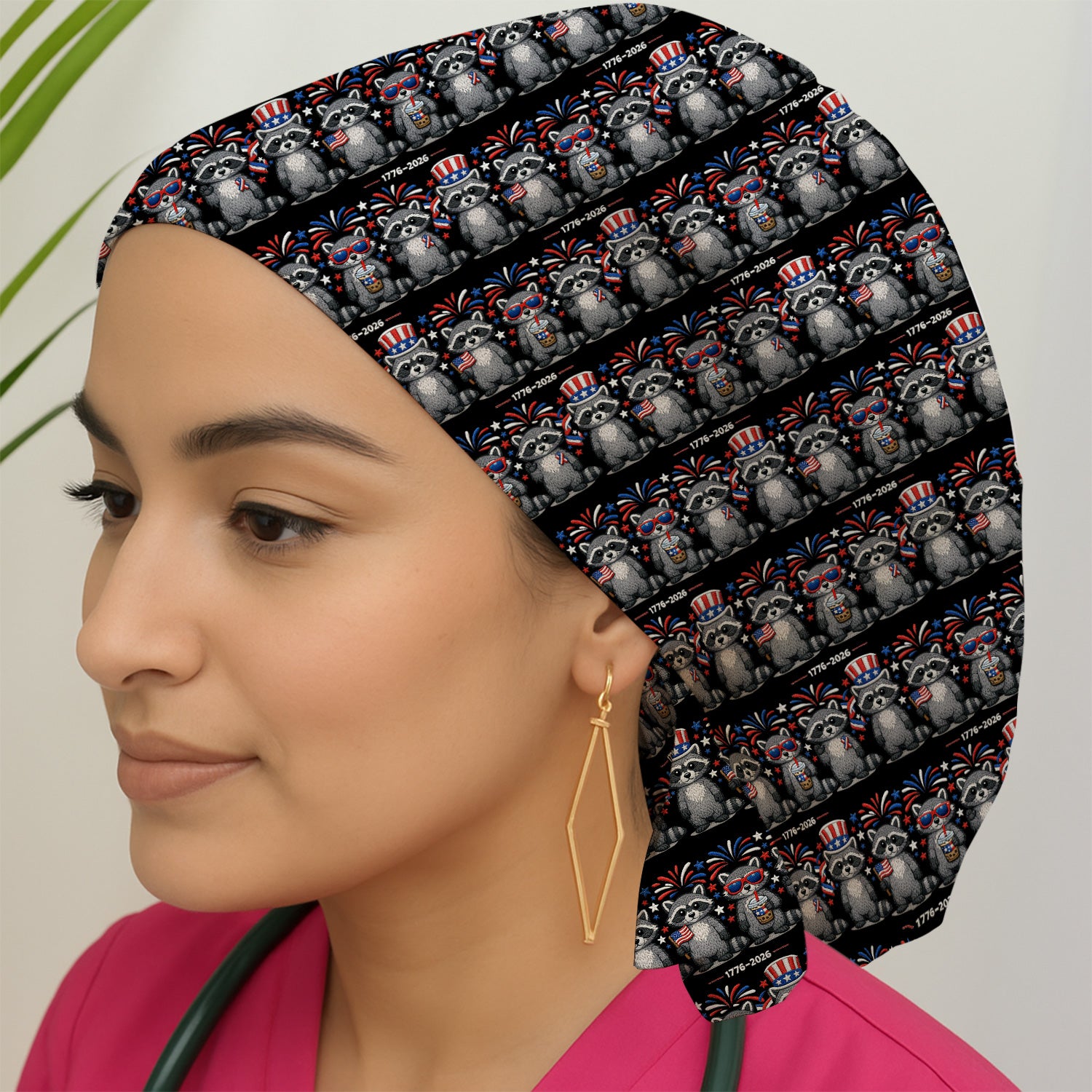 Patriotic Raccoon Fireworks Stripe Pattern Scrub Cap, Surgical Caps for Doctors
