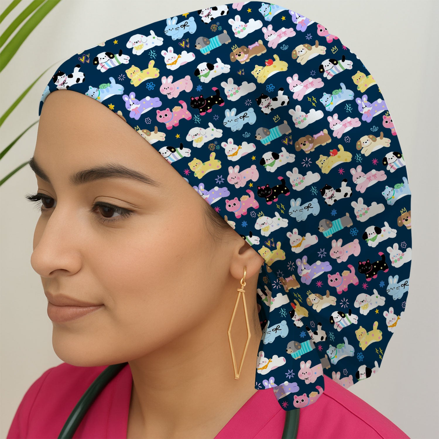 Cute Kawaii Animal Pattern Scrub Cap, Breathable Fabrics Caps Uniform