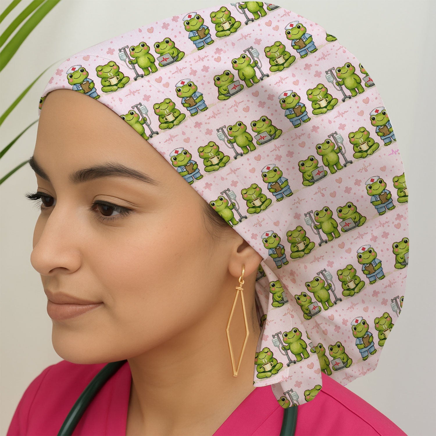 Adorable Frog Nurse Various Poses Print Bouffant Cap, Surgical Caps for Doctors
