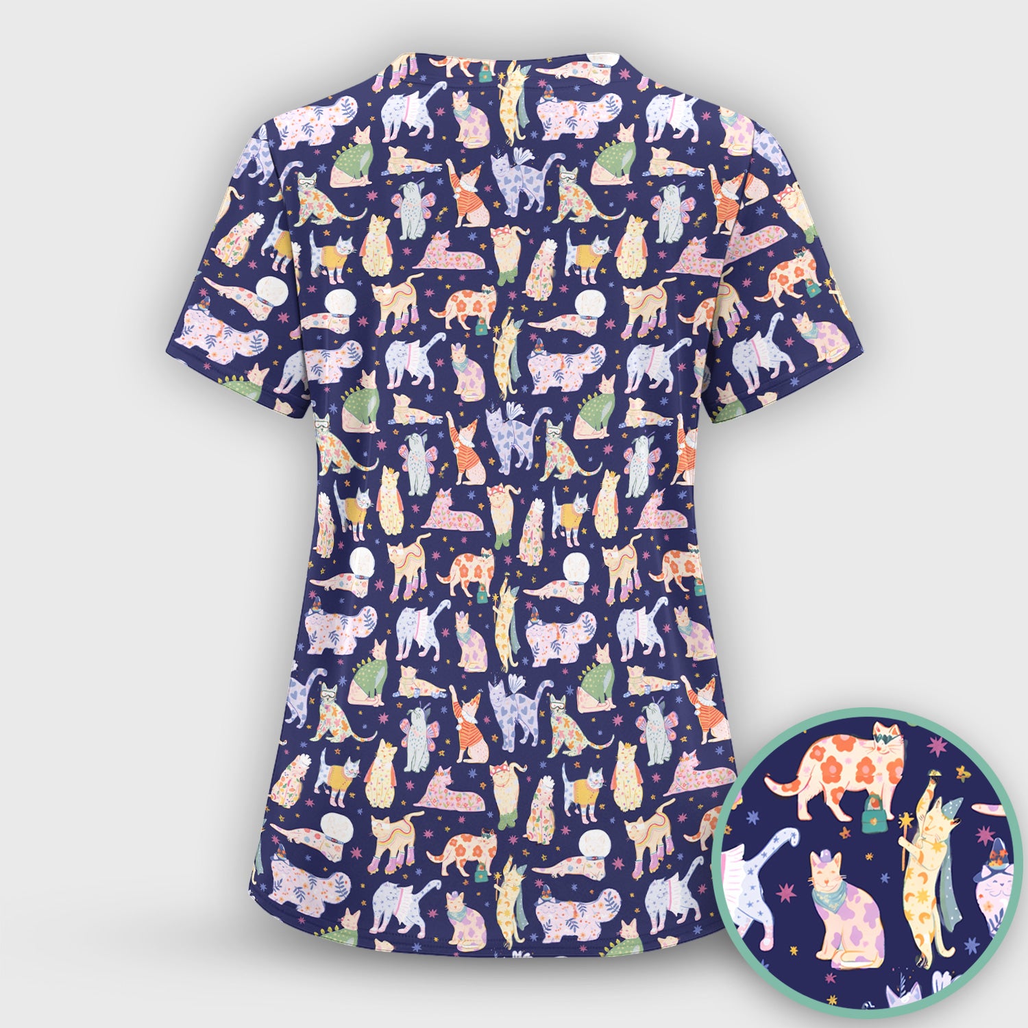 Cute Colorful Cats Pattern Scrub Set, Scrub Pants and V Neck Top