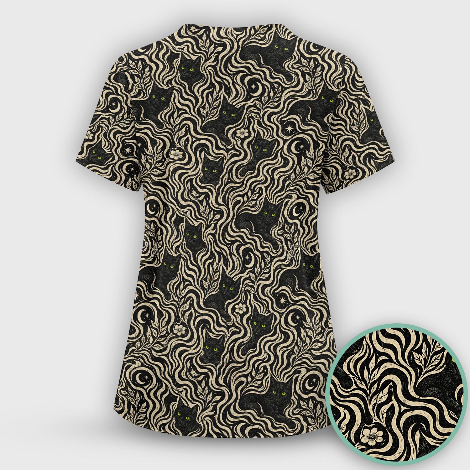 Mystical Black Cat Moonlit Pattern Scrub Top, Comfortable Scrubs for Nurses