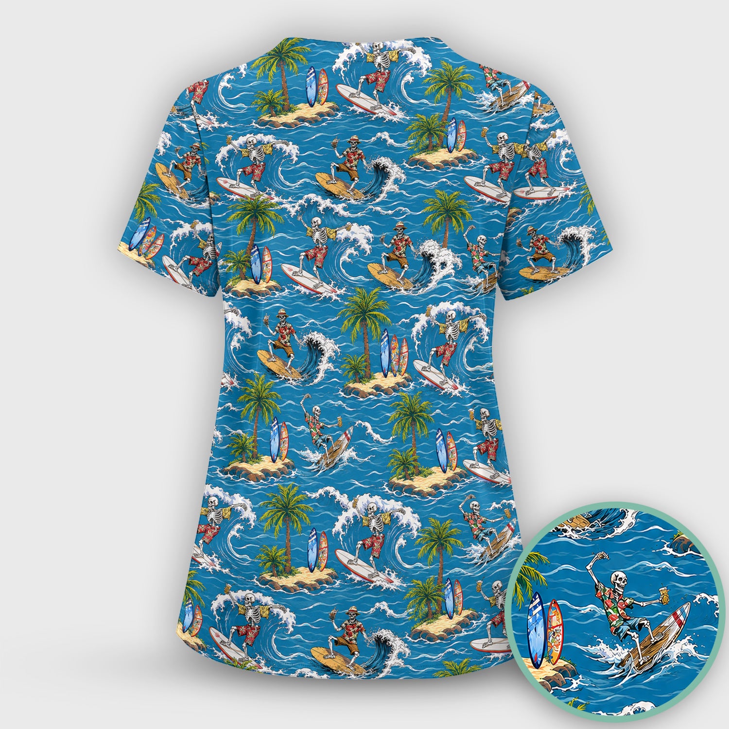Spooky Tropical Skeleton Surfer Pattern Scrub Top, Comfortable Scrubs for Nurses