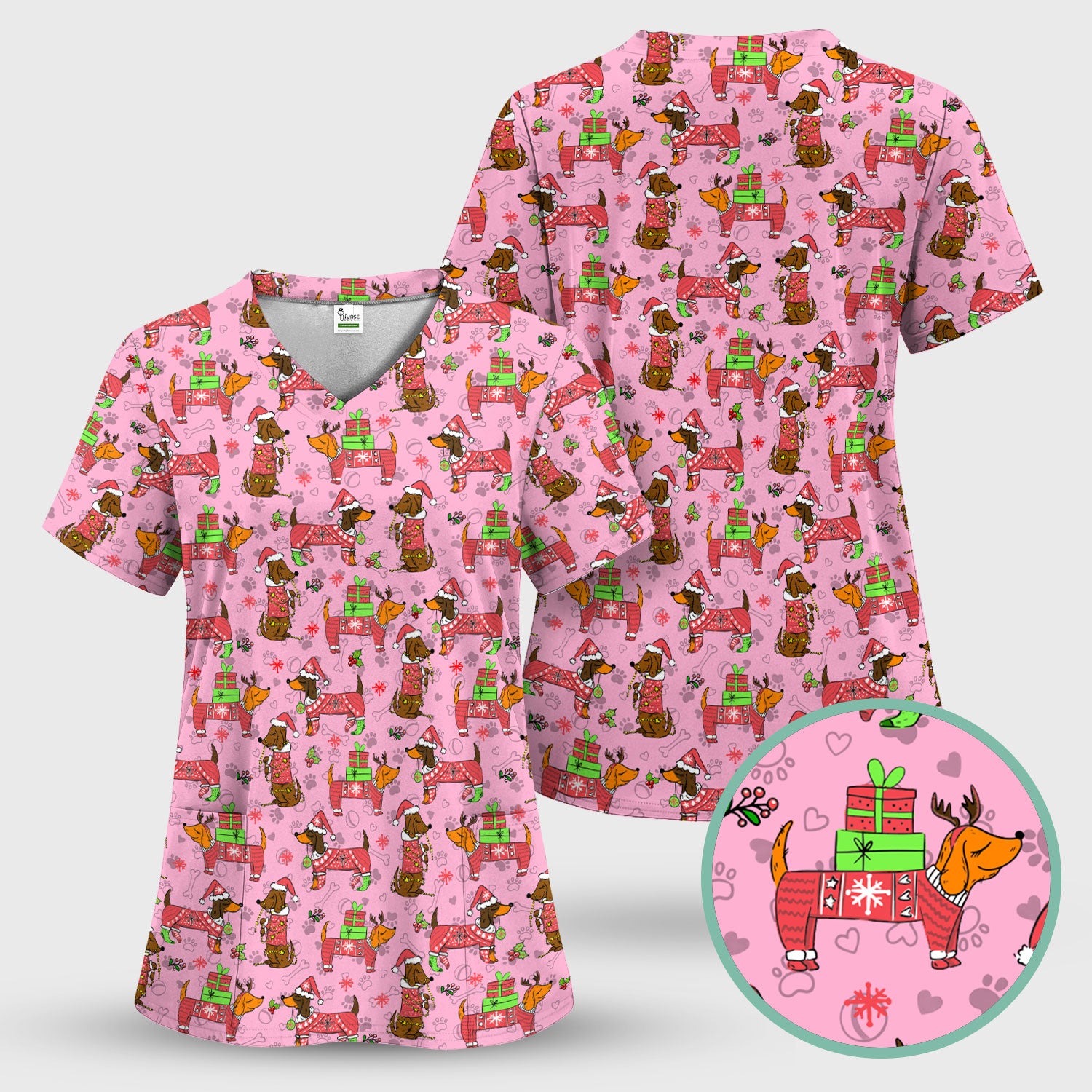 Christmas Dachshund Nurse Scrub Top for Women - Cute Sausage Dog in Santa Hat & Xmas Gift - Funny Holiday Nursing Shirt RN LPN CNA